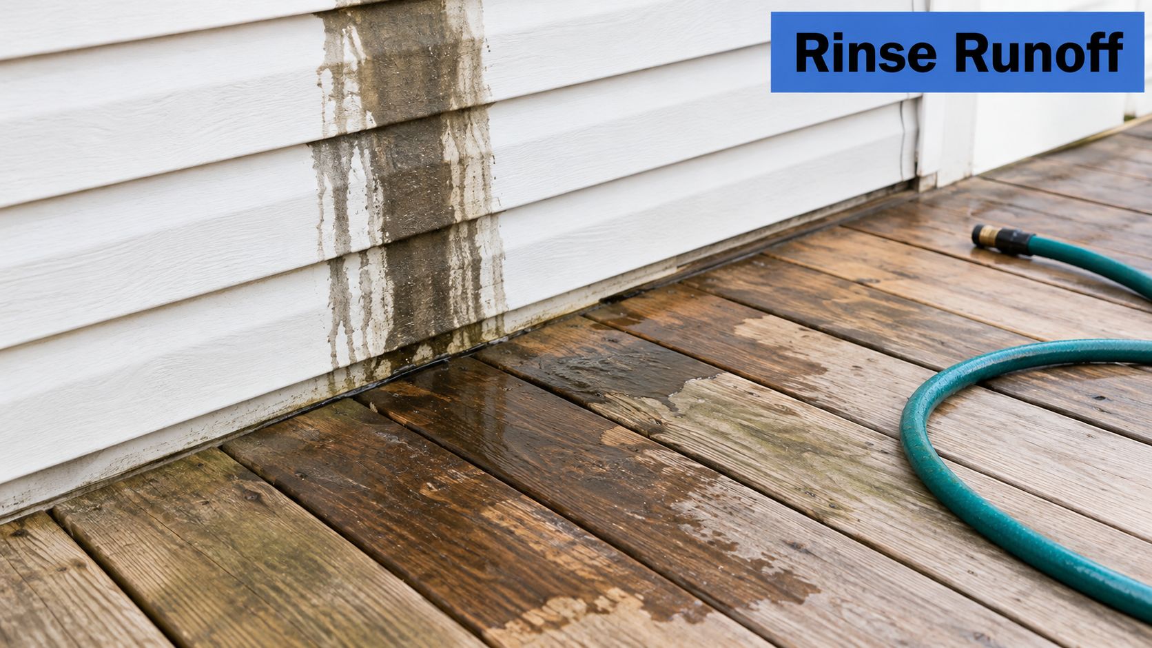A garden hose lying on a wooden deck next to white siding with dark rinse runoff stains.