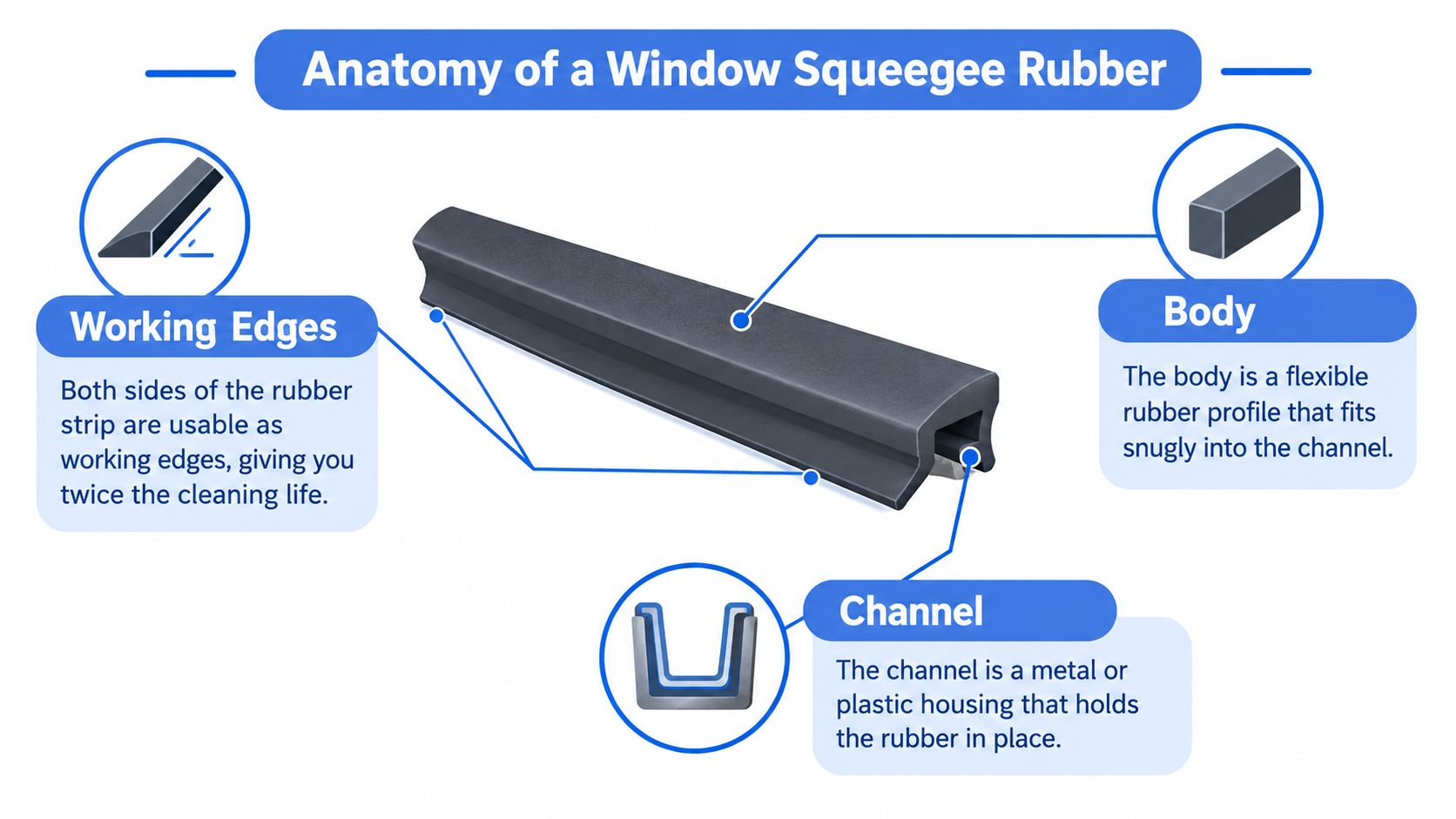 An educational diagram showing the anatomy of a window squeegee rubber, labeling its working edges, body, and channel.