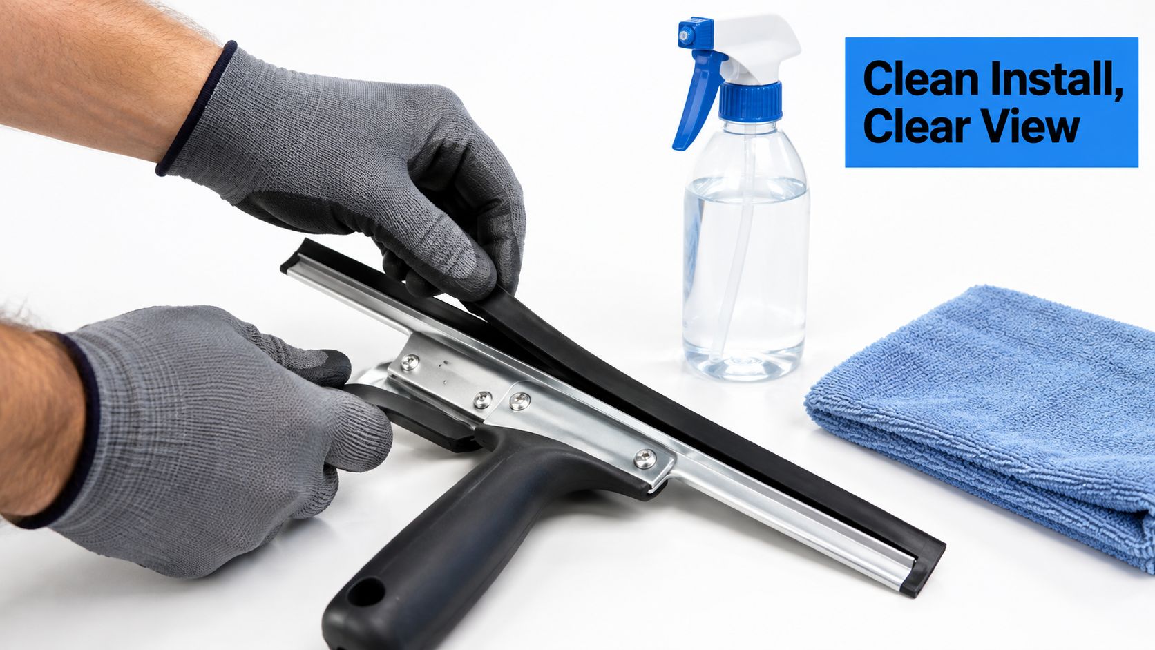 A pair of hands wearing work gloves changing a black rubber blade on a window squeegee tool.