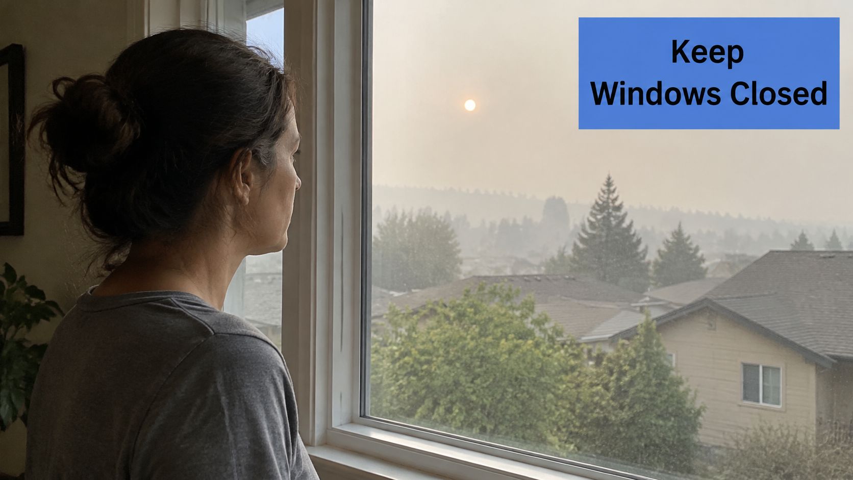 A woman looks out a window at a smoky, hazy landscape during wildfire season.