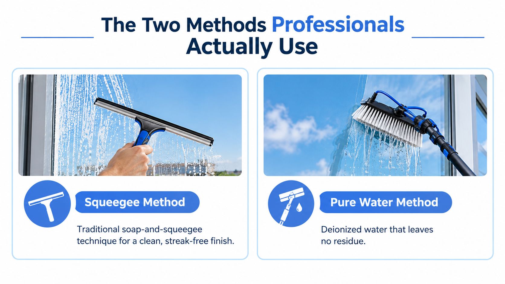 A professional window cleaning infographic showing the squeegee method and the pure water cleaning technique side-by-side.