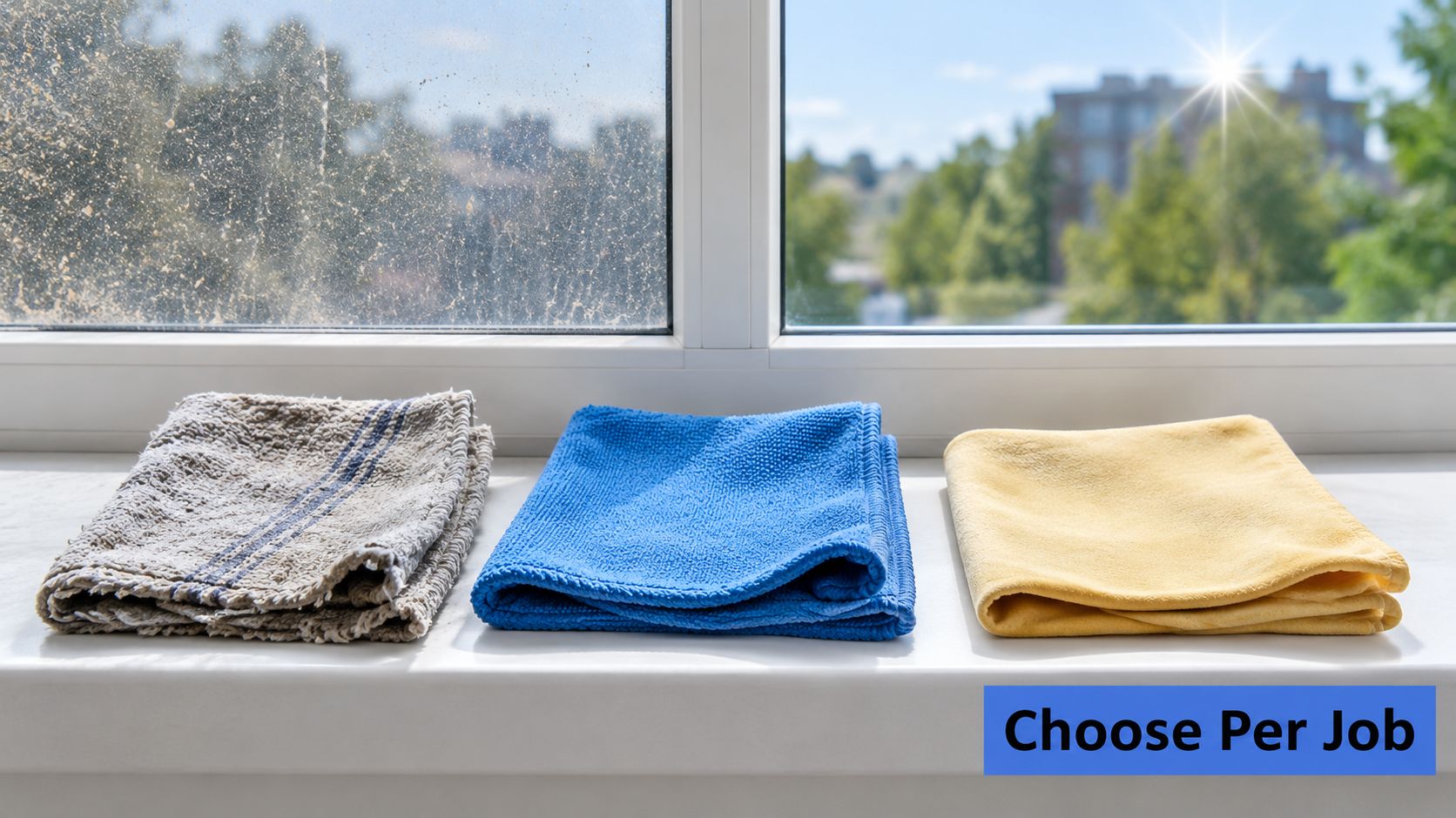 Three folded cleaning cloths in grey, blue, and yellow sitting on a windowsill before a dirty window.
