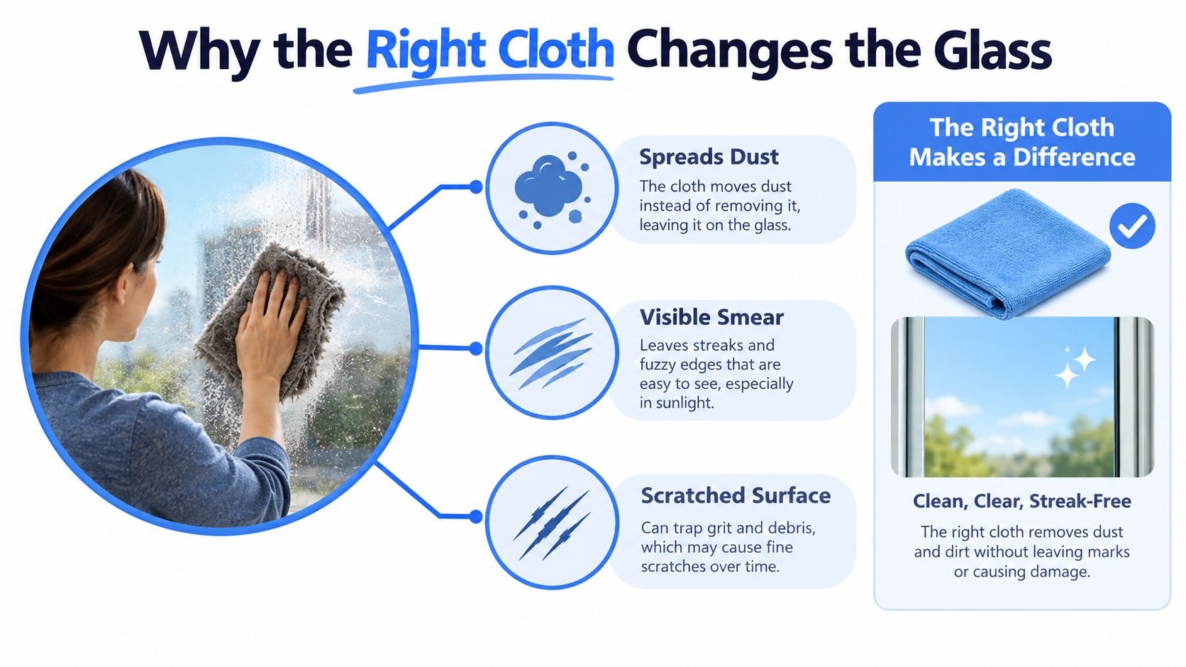 An infographic showing why using the correct microfiber cloth is essential for achieving streak-free, scratch-free clean windows.