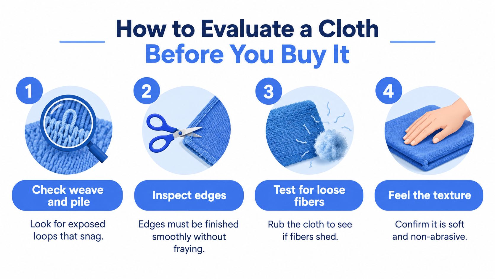 A guide on how to evaluate cloth quality by checking weave, edges, fibers, and texture before buying.