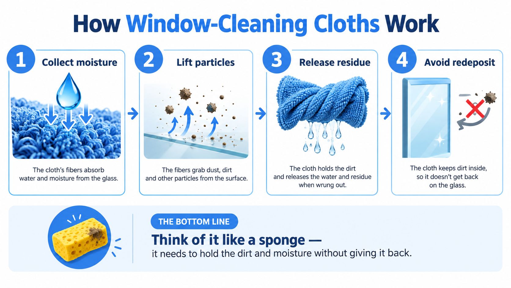 An infographic showing four steps of how microfiber cloths clean glass by collecting, lifting, and trapping dirt particles.