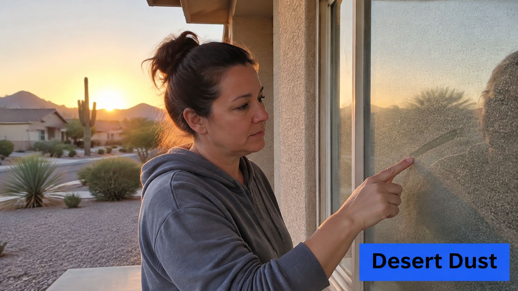 A woman inspecting a dusty window glass at sunset in a residential neighborhood in Arizona.