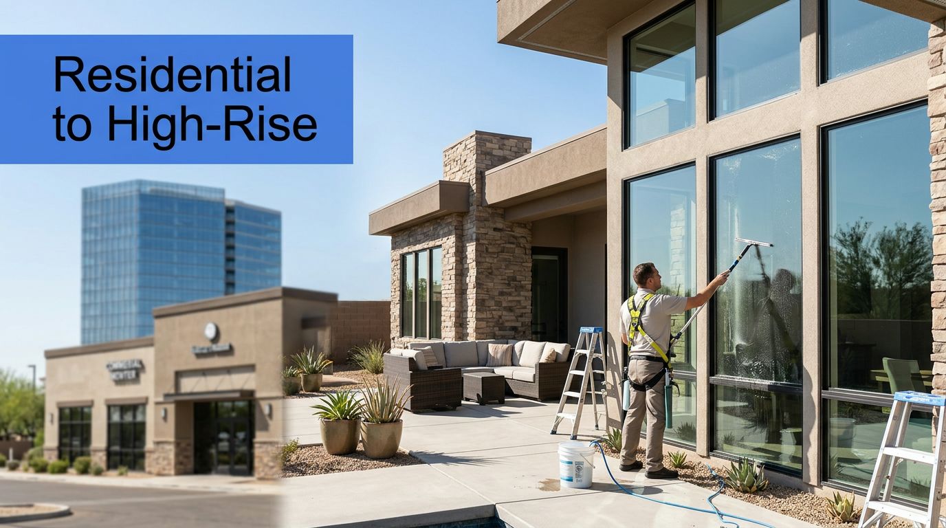 A professional window cleaner using a squeegee on a modern residential glass window during a sunny day.