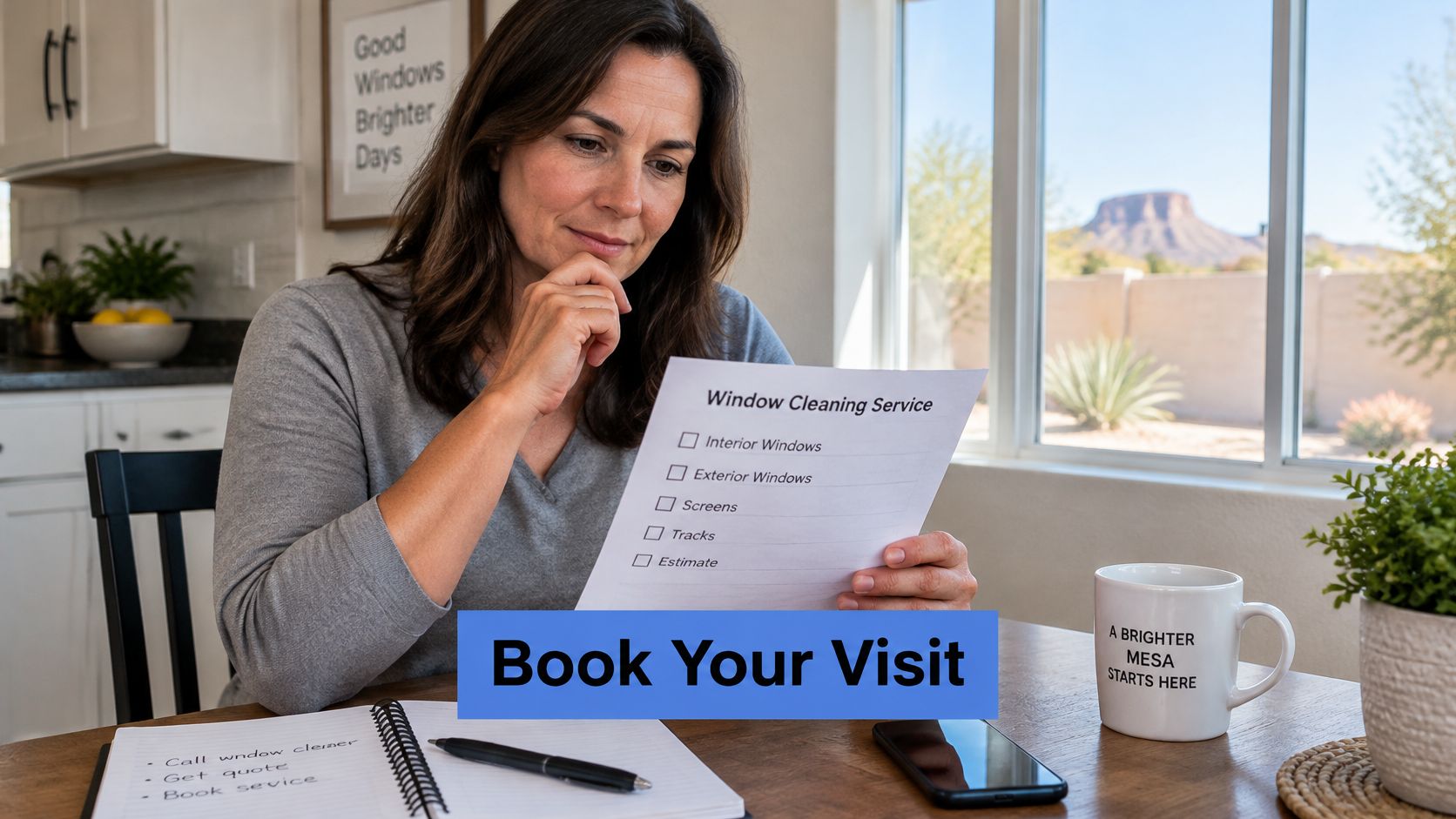 A woman reviewing a window cleaning service checklist while sitting at a table in her home.