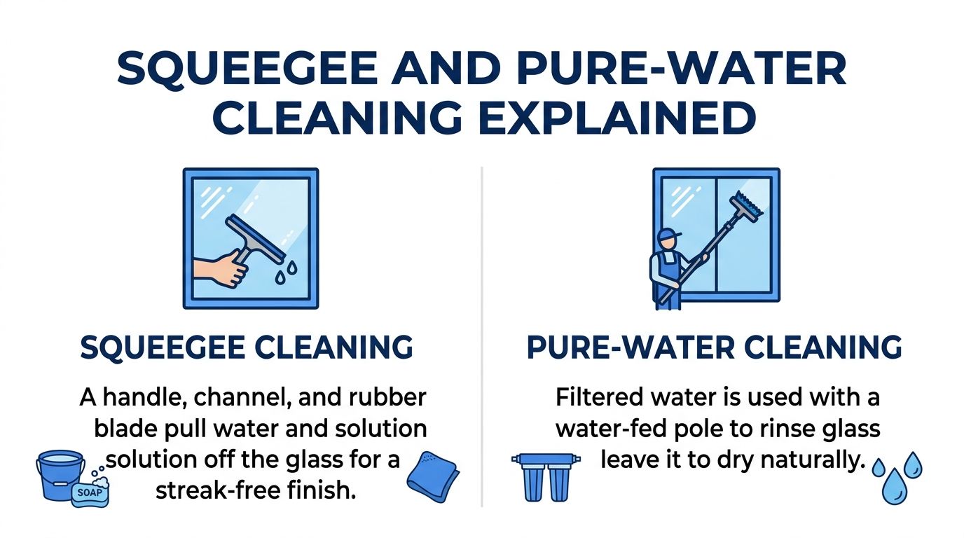 An infographic comparing squeegee cleaning with soap and pure-water window cleaning methods for professional results.