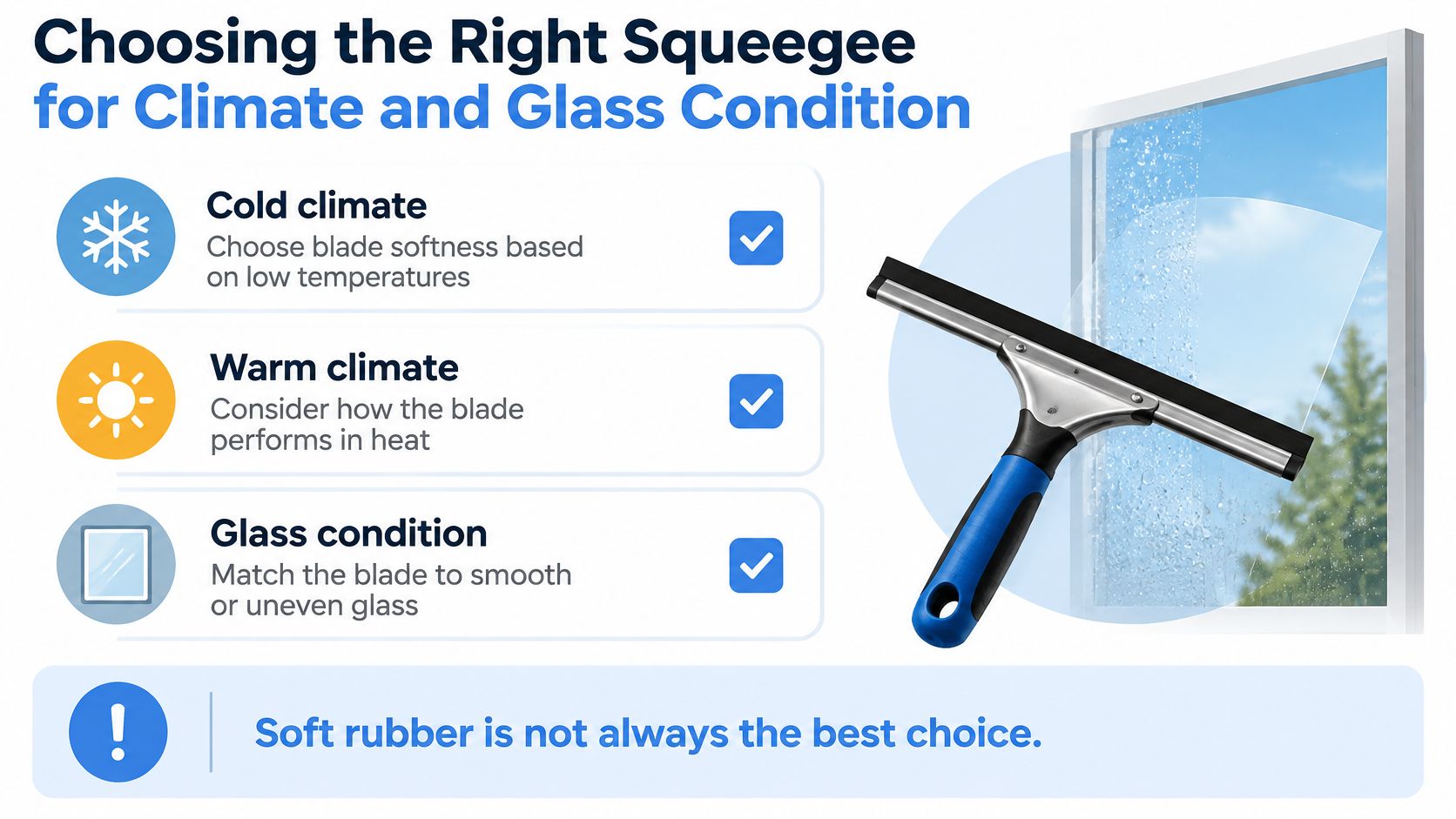 An infographic showing how to select the right window squeegee based on climate and glass condition.