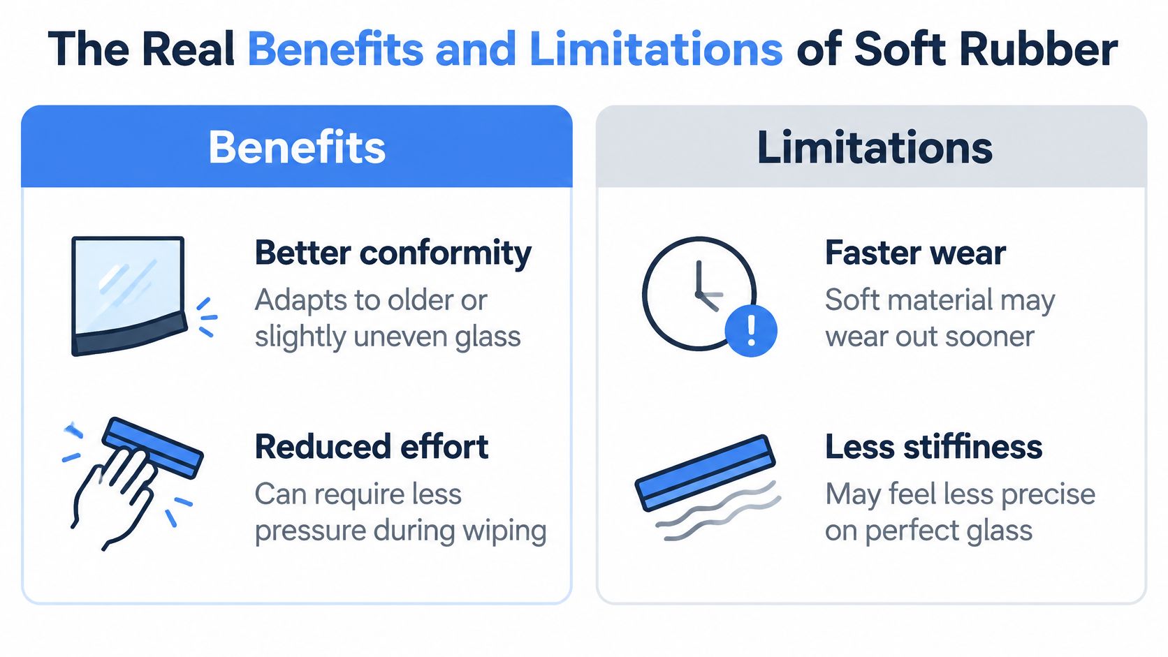 An infographic titled The Real Benefits and Limitations of Soft Rubber showing performance comparisons for squeegee blades.
