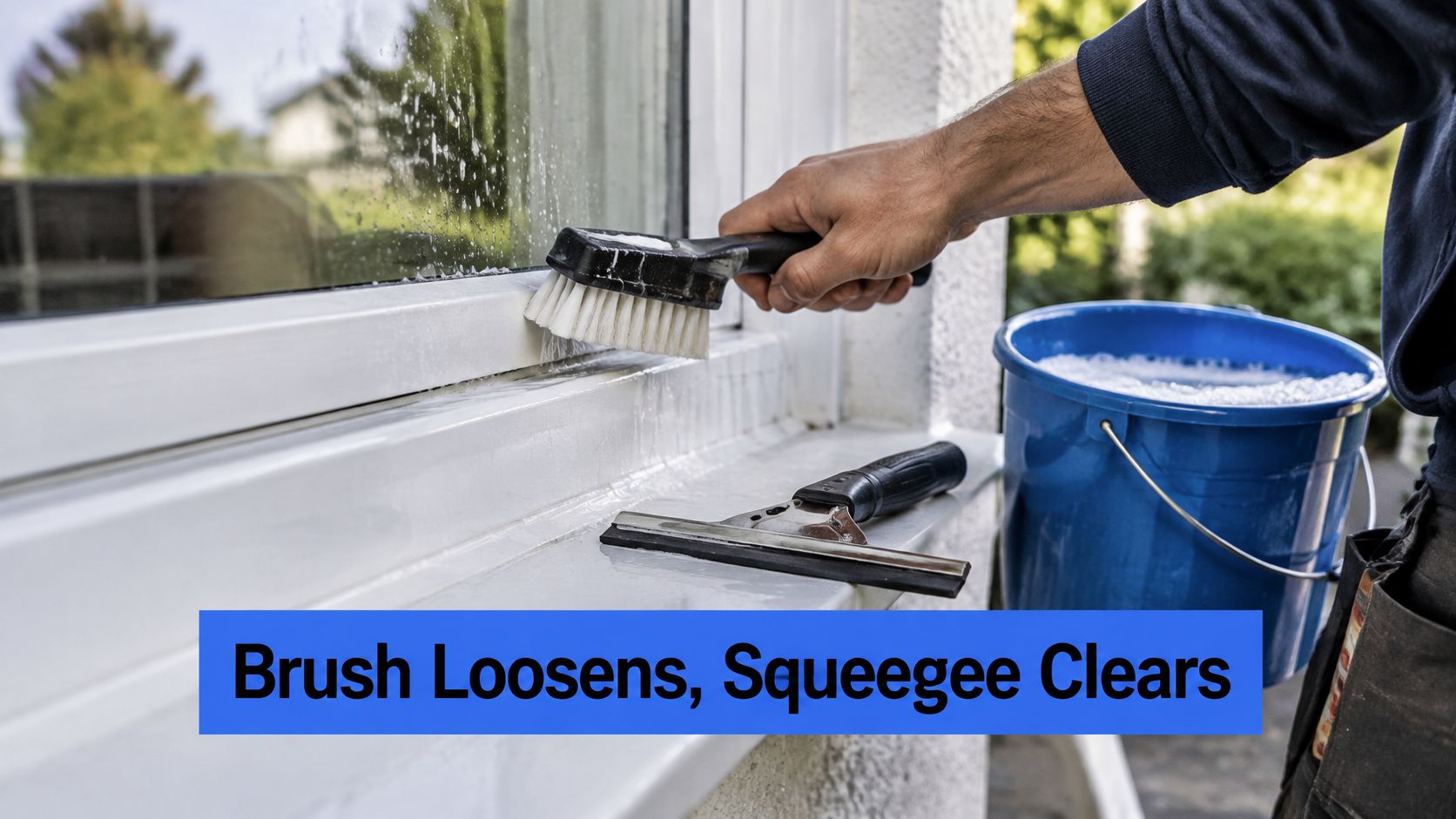 A worker using a handheld brush to clean the frame of a window while a squeegee rests nearby.