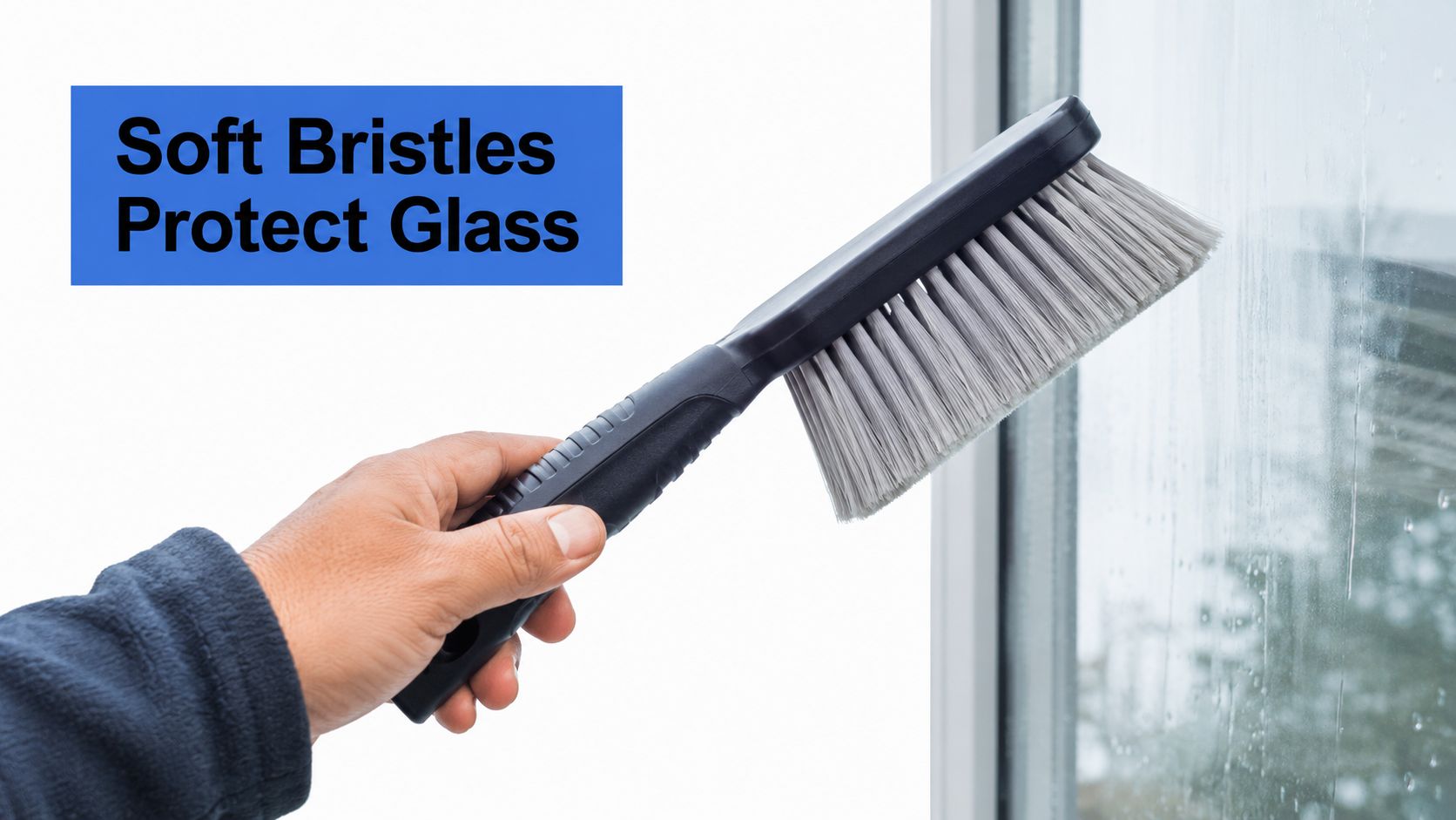 A person holding a black handled brush with soft grey bristles against a clear glass surface.