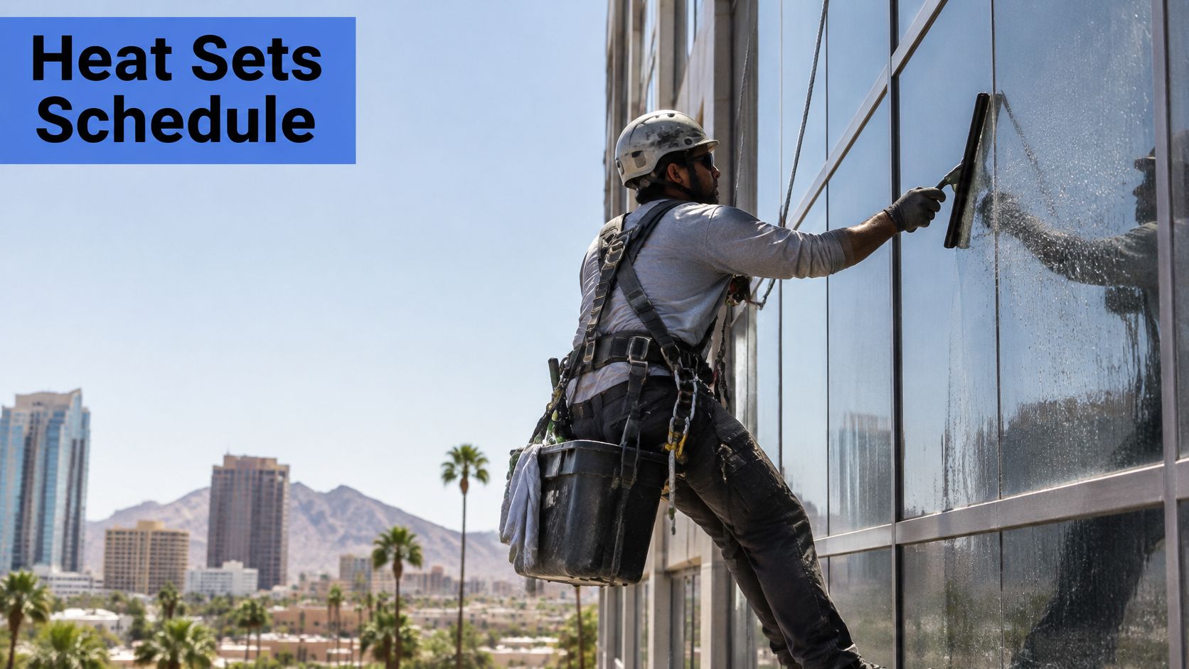 A professional window cleaner suspended on ropes high above a cityscape, cleaning the glass facade.