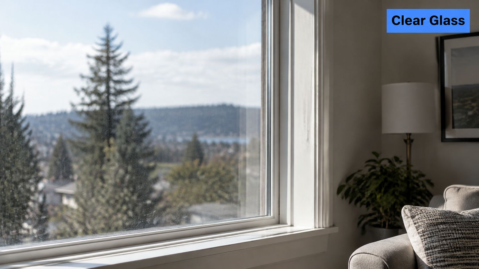 A bright, clean window overlooking a scenic outdoor landscape with pine trees and a distant lake.
