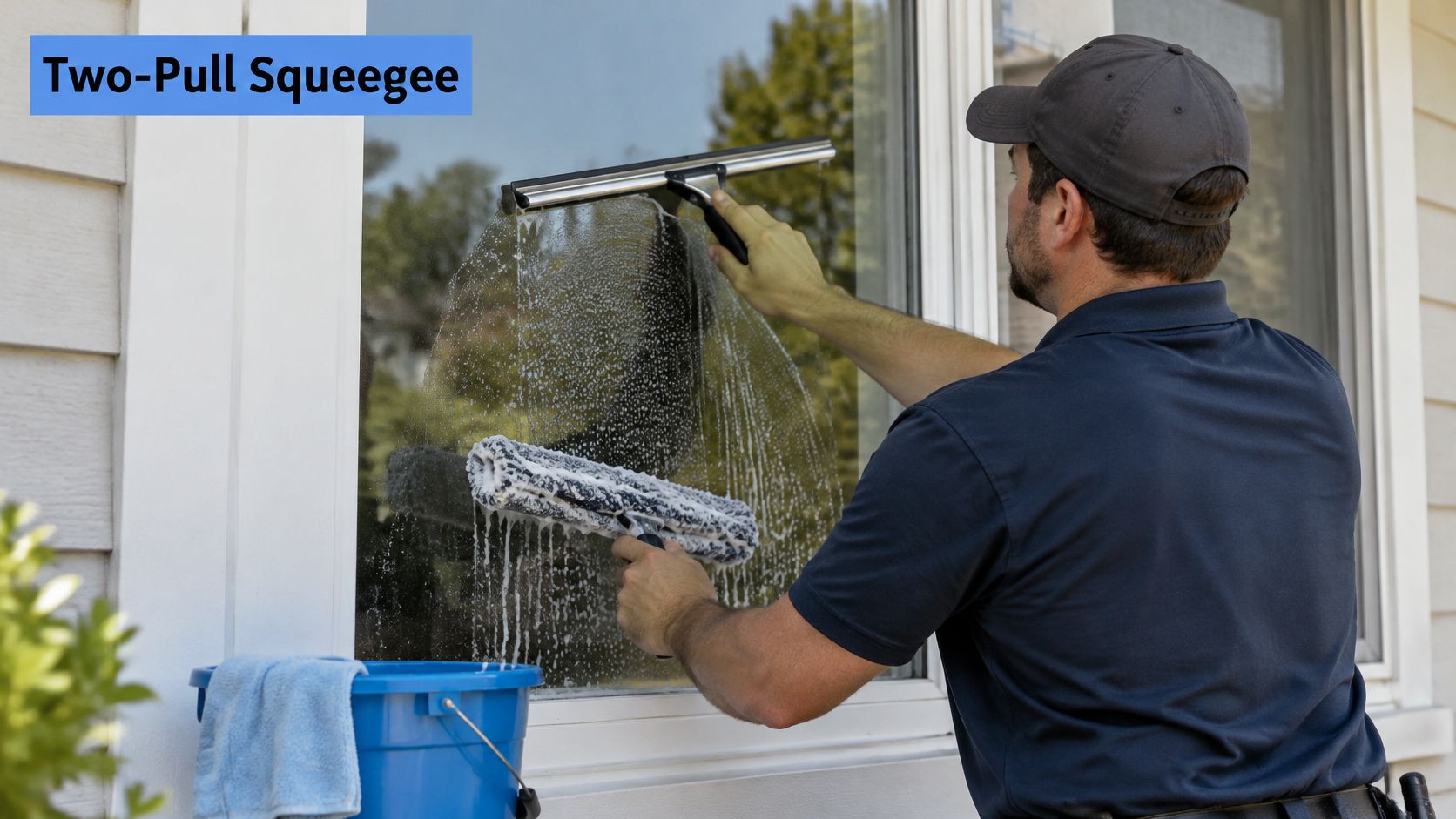 A professional window cleaner uses a squeegee to wipe soapy water off a residential glass window.