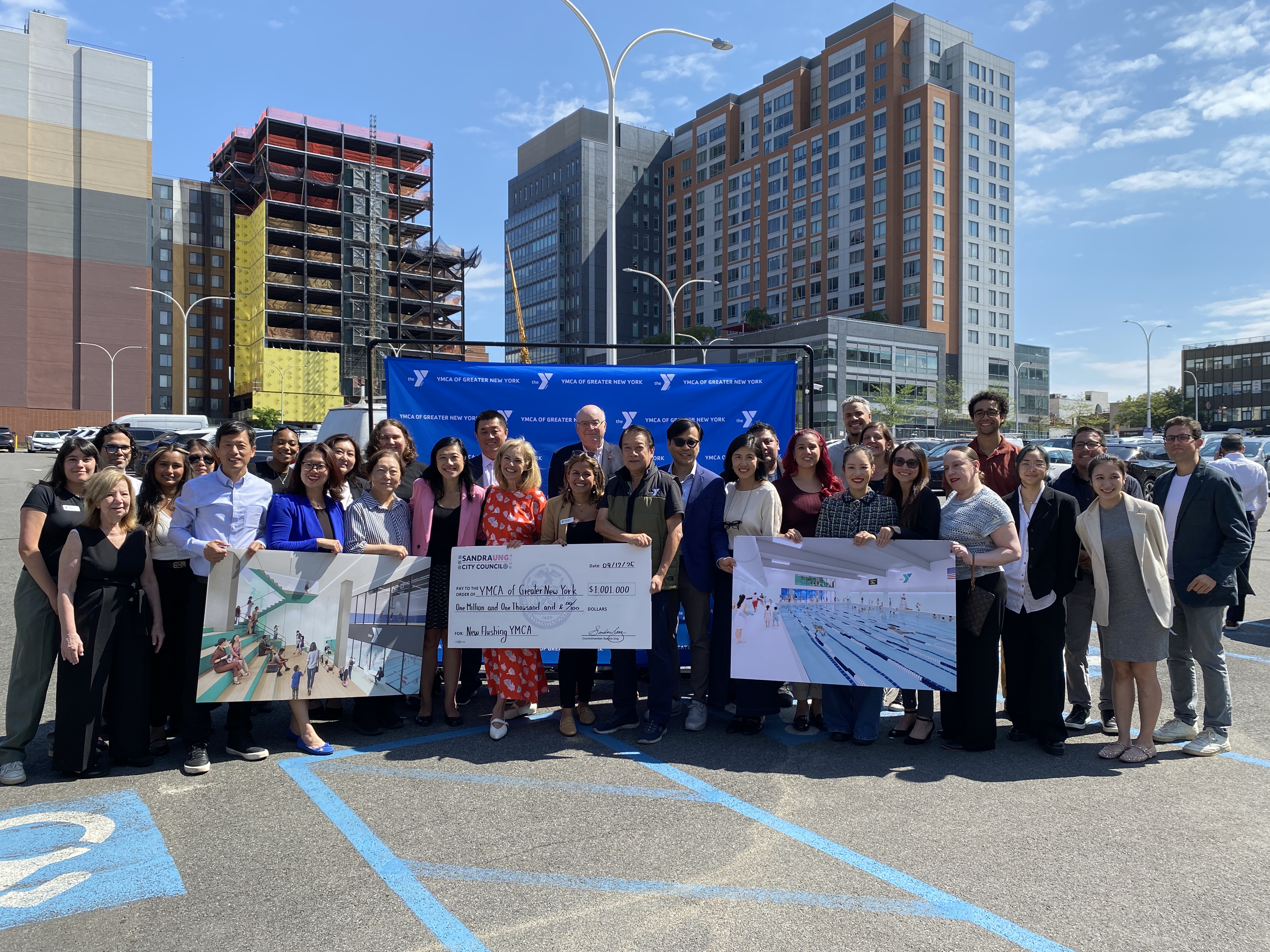 Council Member Sandra Ung was joined by YMCA of Greater New York President & CEO Sharon Greenberger, Flushing YMCA Executive Director Heidy Lopez, F&T Group Principal Helen Lee, and members of the Flushing YMCA Board of Directors and staff to announce just over $1 million in funding she secured for a new YMCA in downtown Flushing.