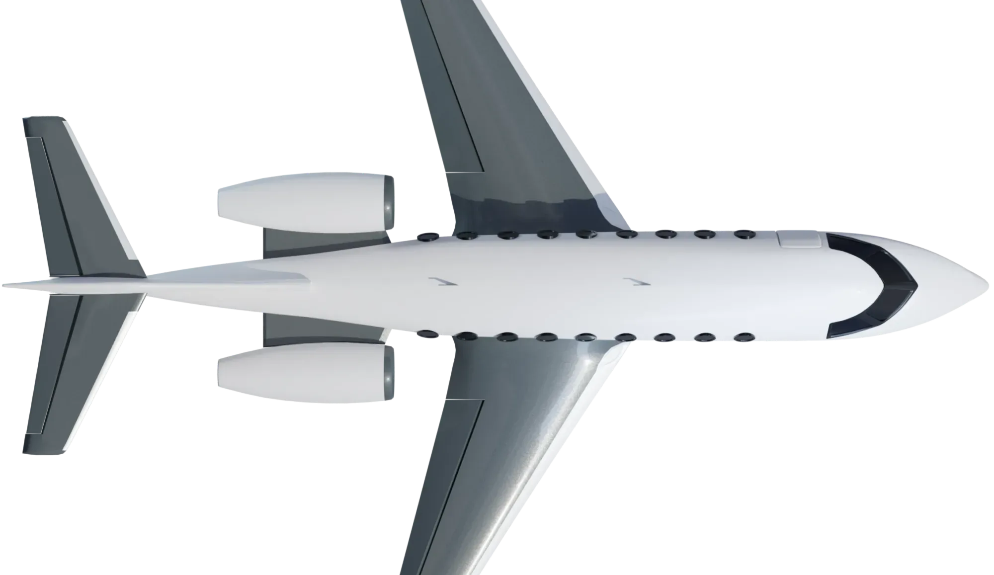 Top view of a private jet flying across the screen
