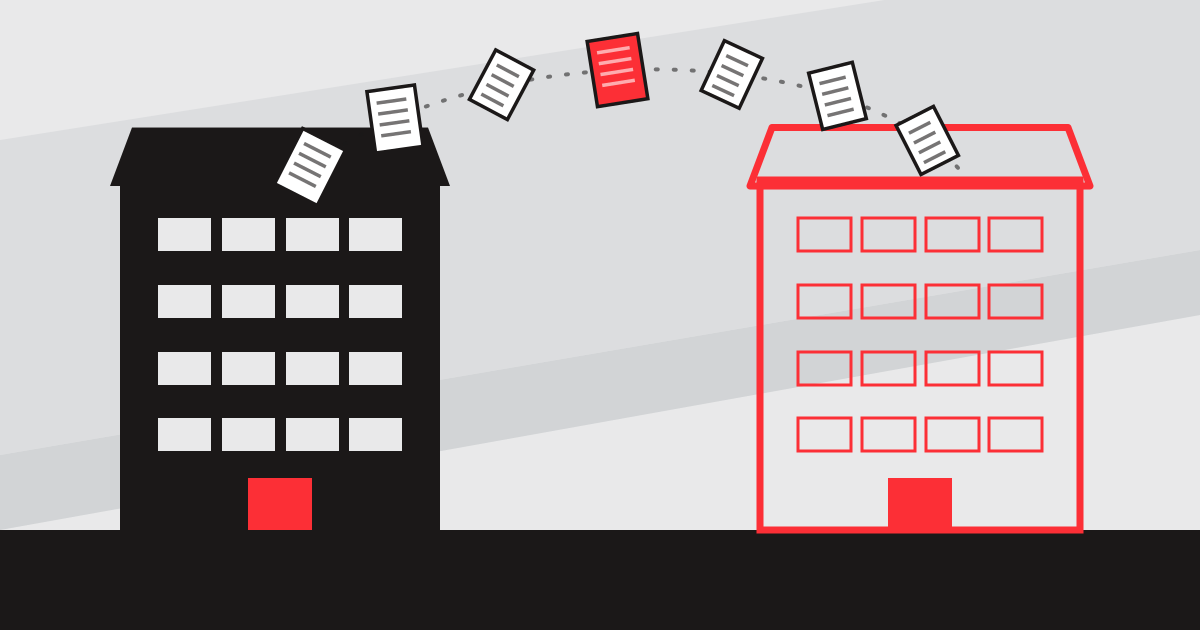 Illustration 451F : la transmission d'une entreprise, les documents passent de la société d'aujourd'hui à celle de demain