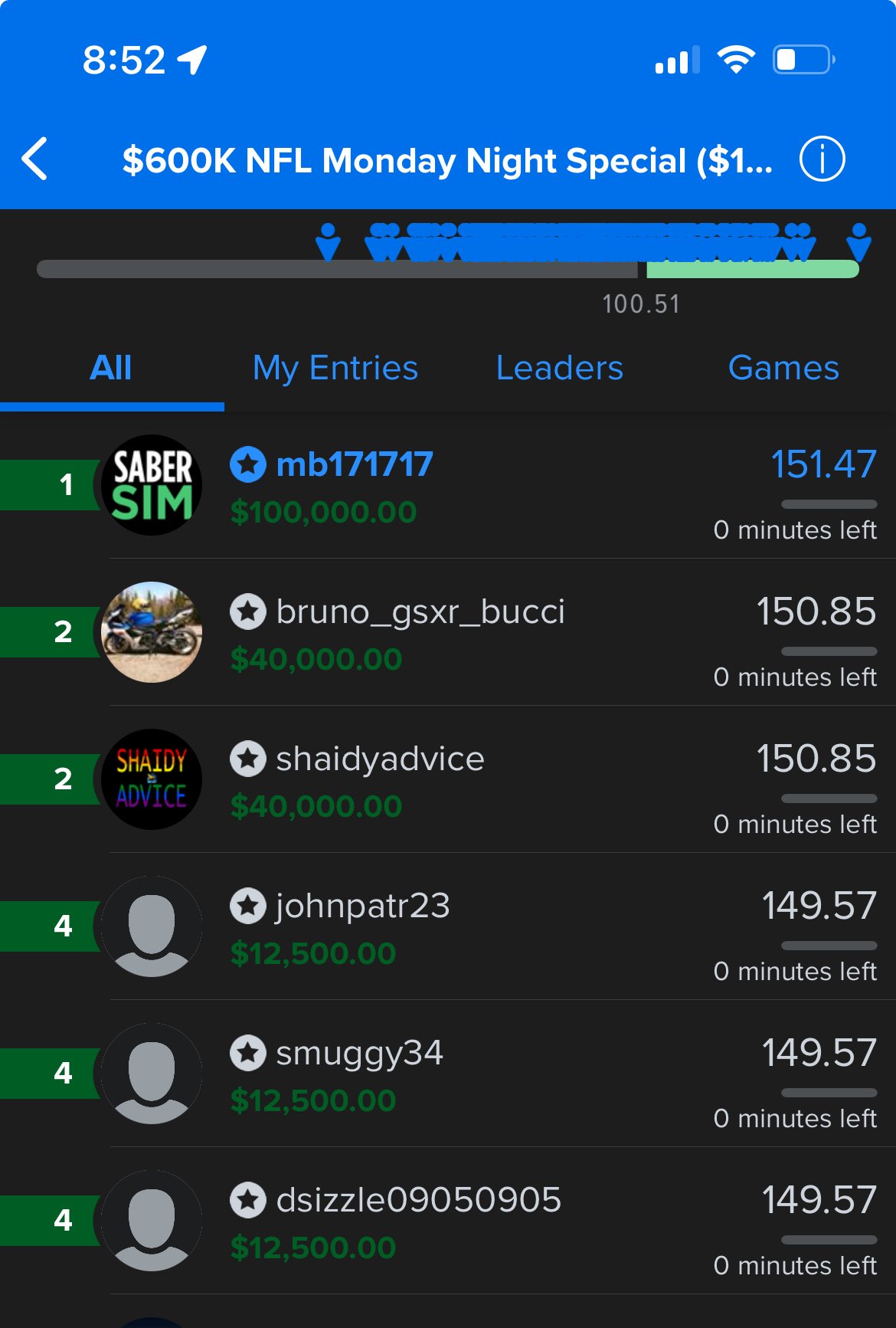 Screenshot of winnings