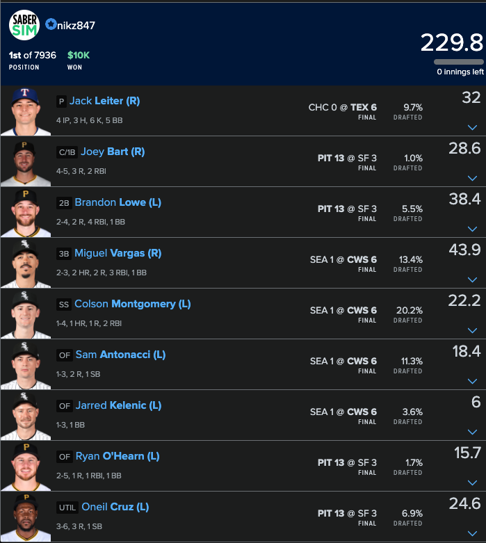 Screenshot of winnings