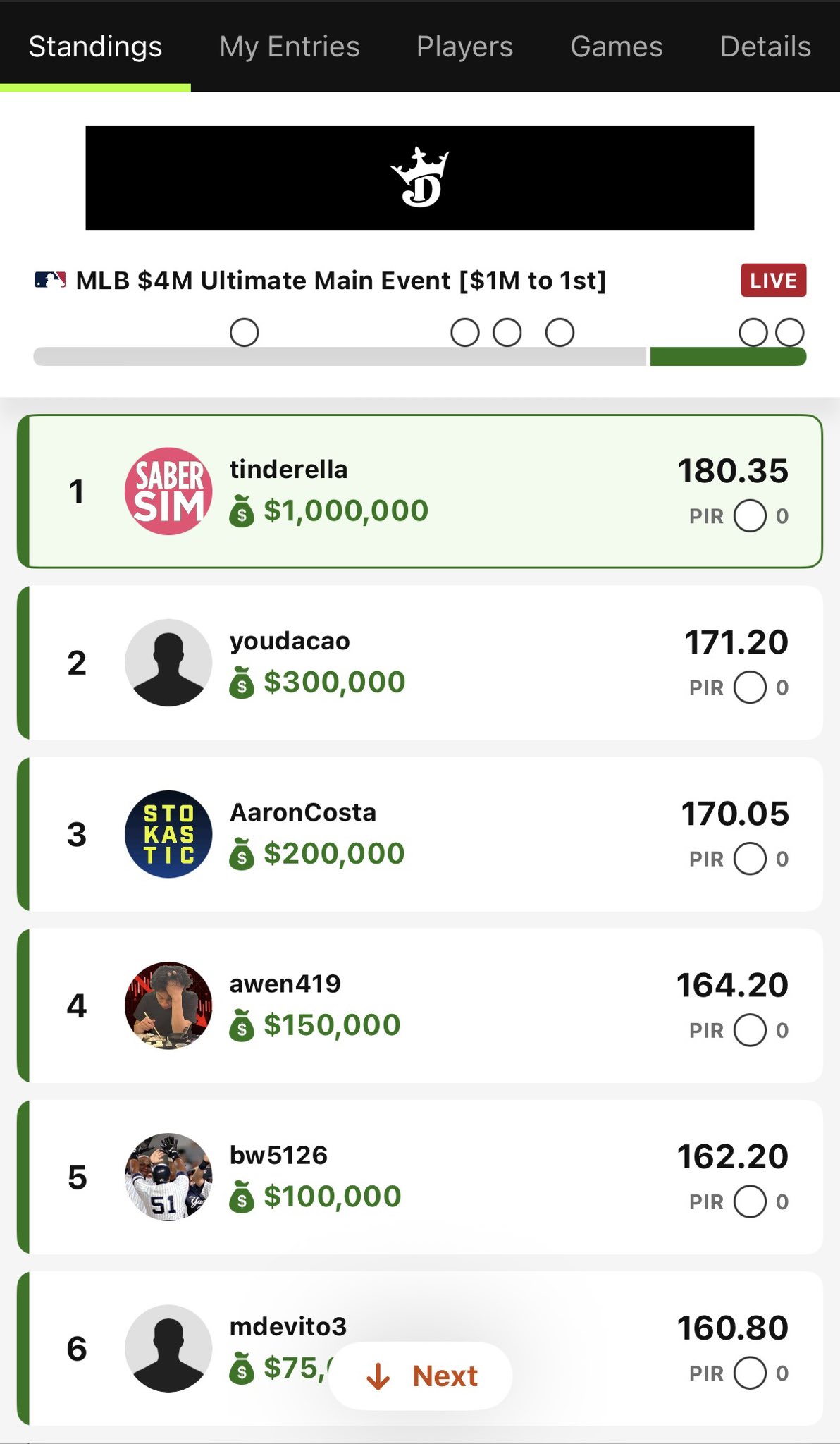 Screenshot of winnings