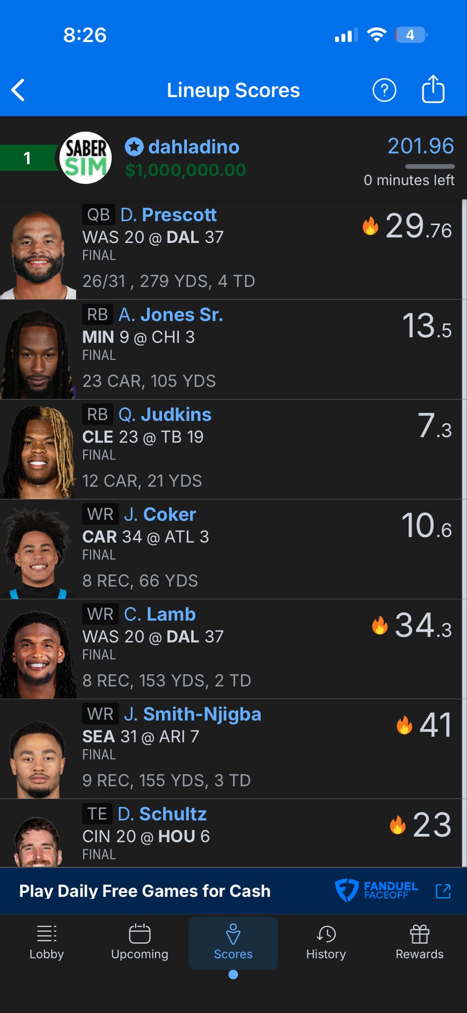 Screenshot of winnings