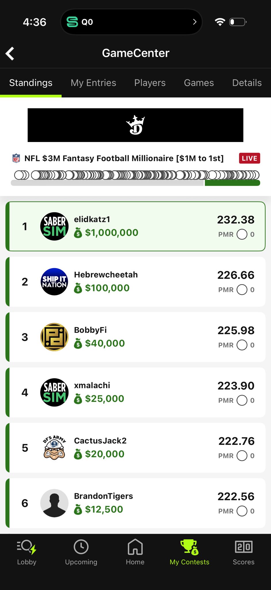 Screenshot of winnings