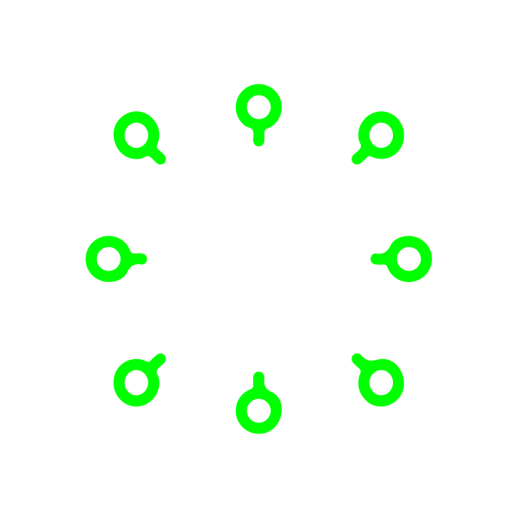 Icon depicting a circular shape with smaller green circular nodes evenly spaced around the perimeter, connected to the center by short lines. The design is enclosed by thick white and black concentric rings, representing a network, structure, or ontology.