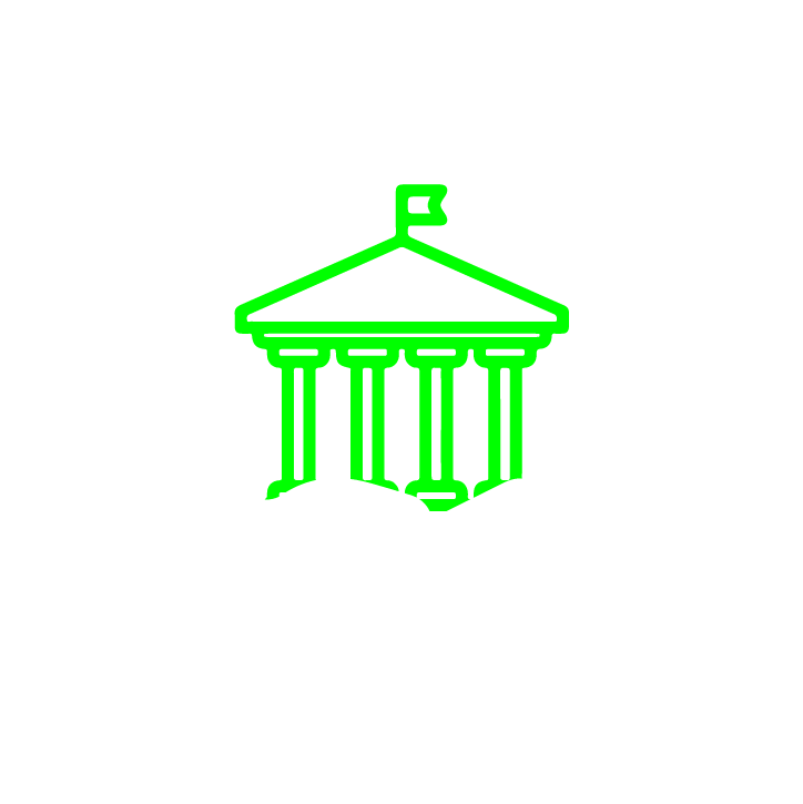 Icon of a government building with pillars and a small flag on top, outlined in bright green. The building is centered within a circular design, with thick white and black concentric rings around it, symbolizing government or institutional authority.