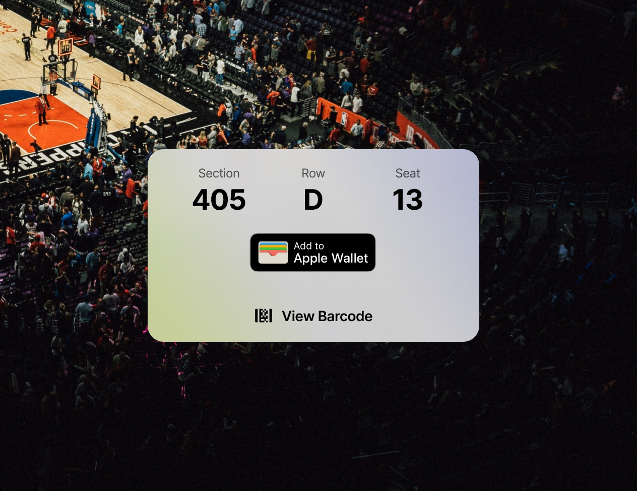 Arena crowd with a mobile ticket showing section, row and seat, ready to add to Apple Wallet