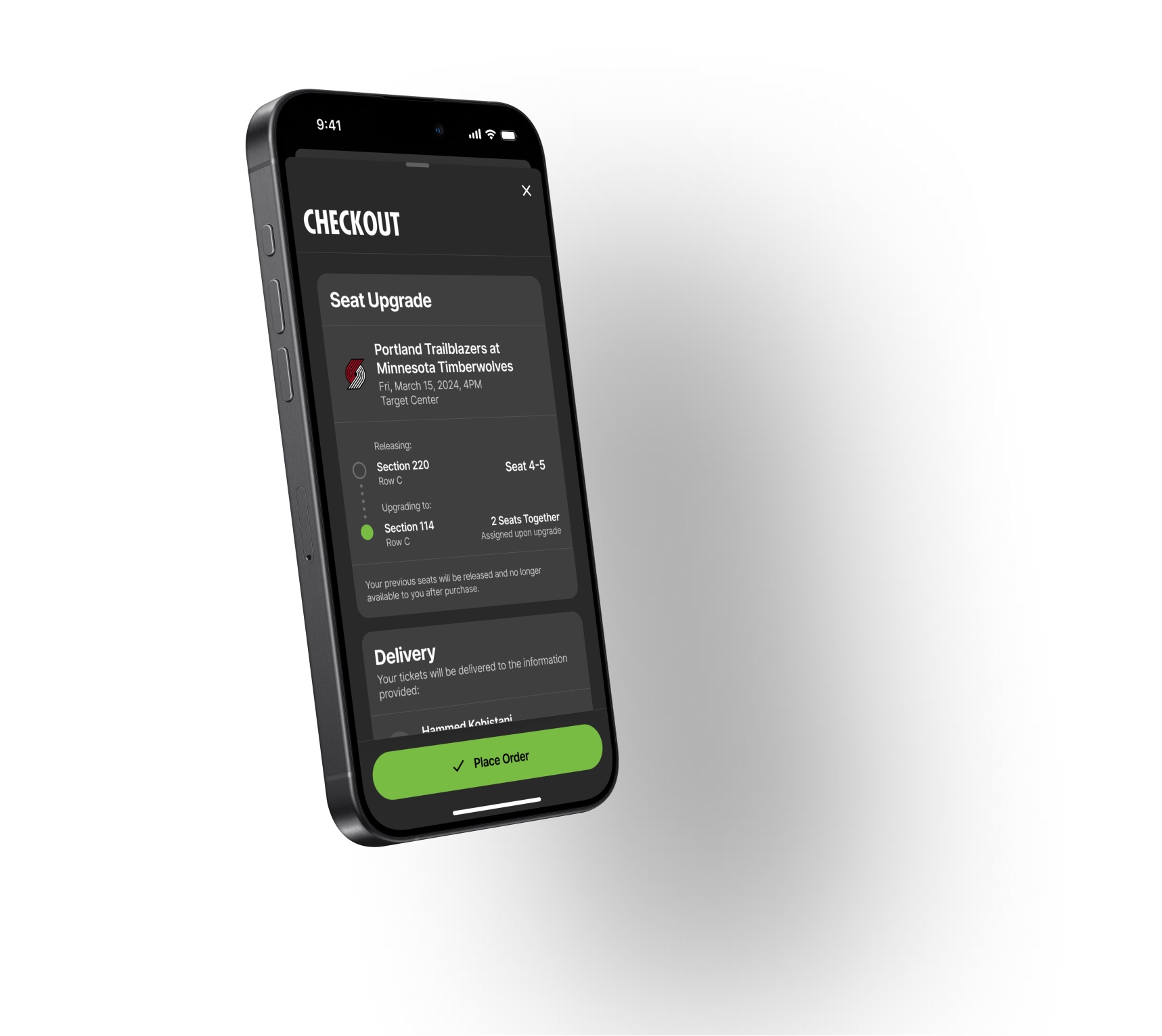 Phone showing the Jump checkout flow with a seat upgrade offer