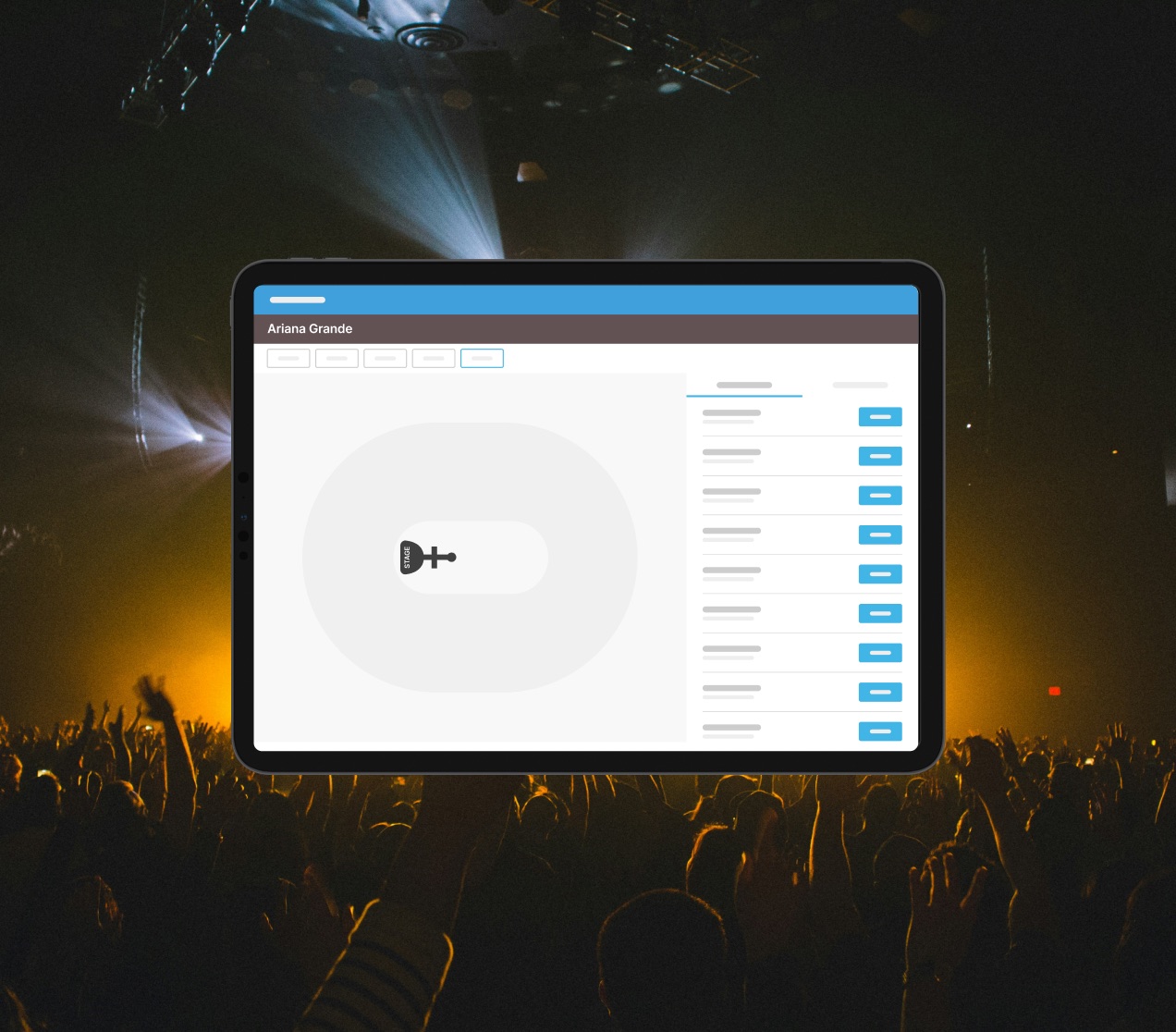 Tablet showing Jump event inventory for a concert, over a crowd at a live show