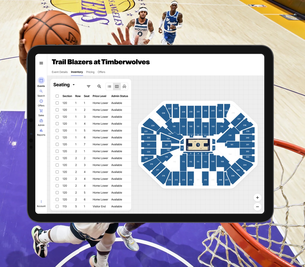 Tablet showing Jump seating and inventory management for a basketball game, over a court photo