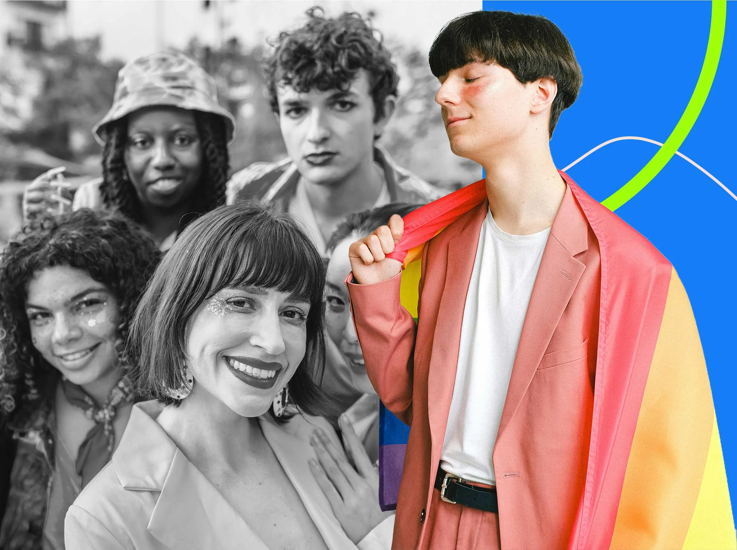 Group of diverse LGBTQ+ individuals celebrating Pride, with one person in a vibrant coral suit and rainbow flag overlay—representing inclusivity, gender expression, and healthcare equity for all identities.
