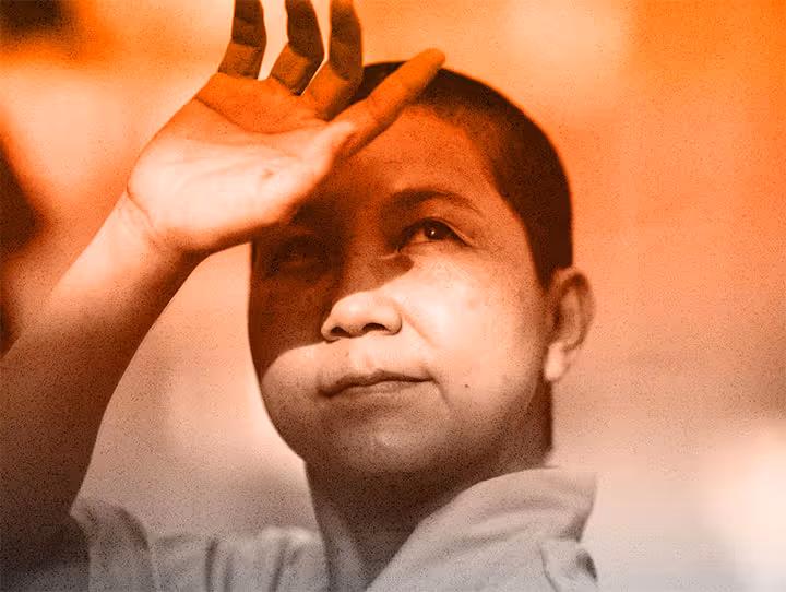 Portrait of a woman shielding her eyes from the sun with stylized graphic overlays, used as a hero image for Helius Medical—focused on neurorehabilitation and brain injury recovery support.