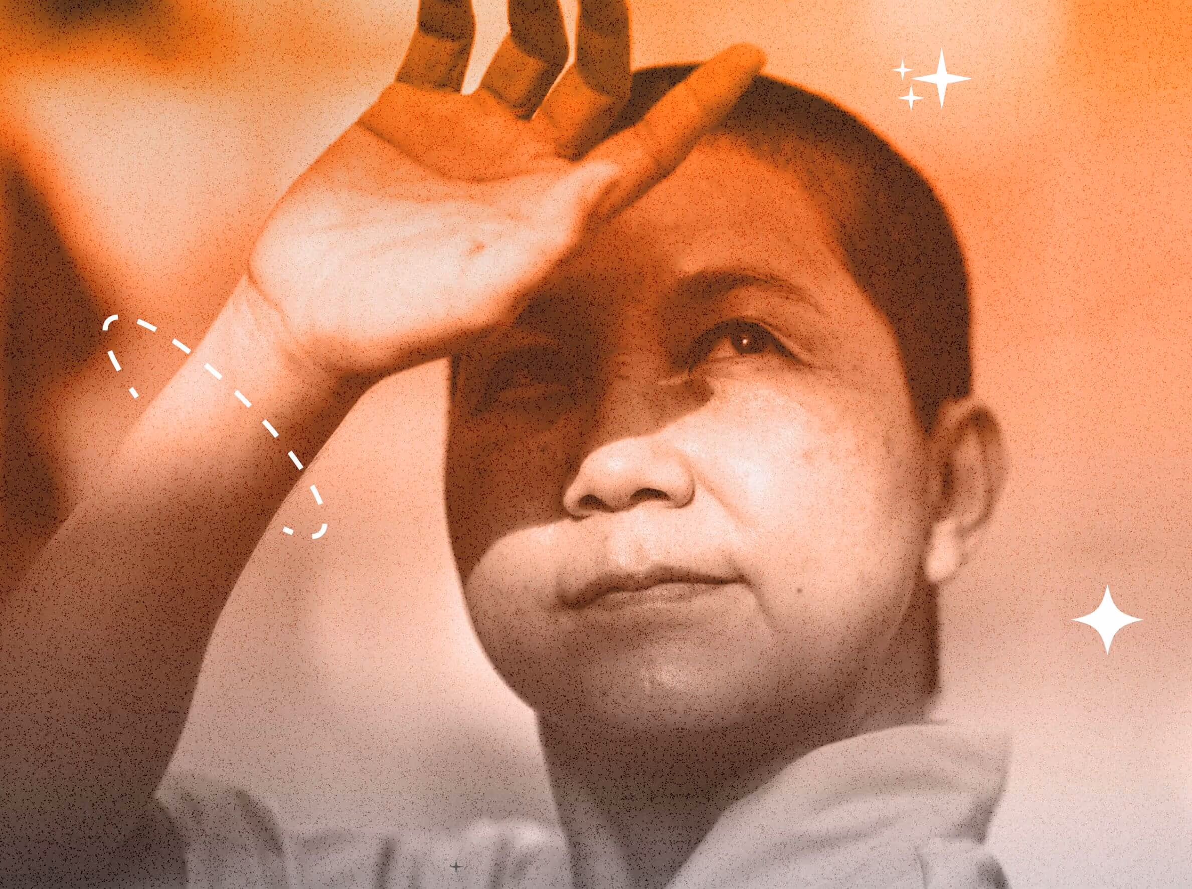 Portrait of a woman shielding her eyes from the sun with stylized graphic overlays, used as a hero image for Helius Medical—focused on neurorehabilitation and brain injury recovery support.