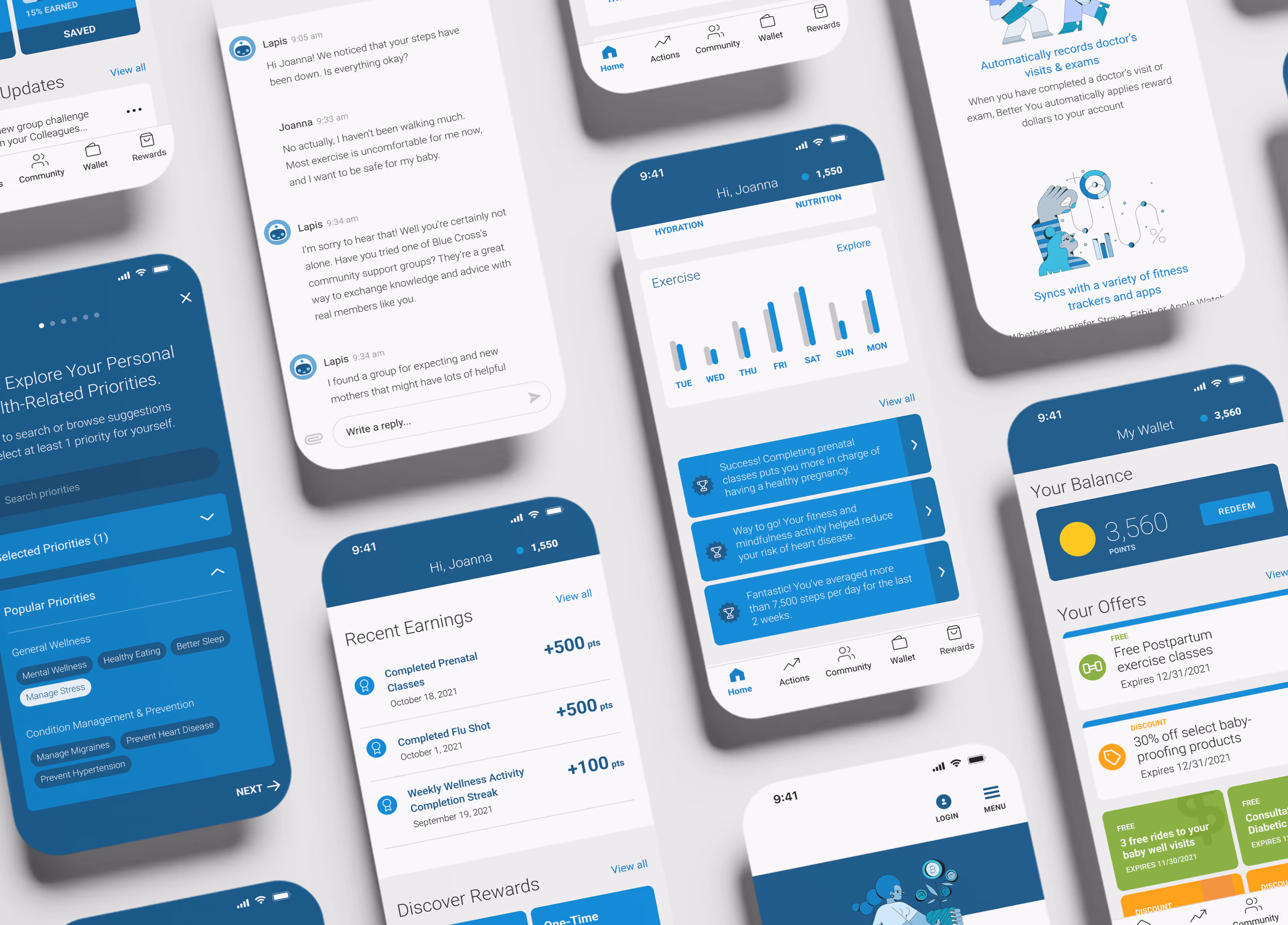 Collection of mobile app UI wireframes for Maven, a digital health and wellness platform. Screens display personalized health priorities, exercise tracking, community chat, recent earnings, reward redemption, and wellness goals. Features include integration with fitness trackers, incentive-based health tasks, and a wallet system for managing reward points. Designed to support preventive care, maternal health, and member engagement through a user-friendly interface.