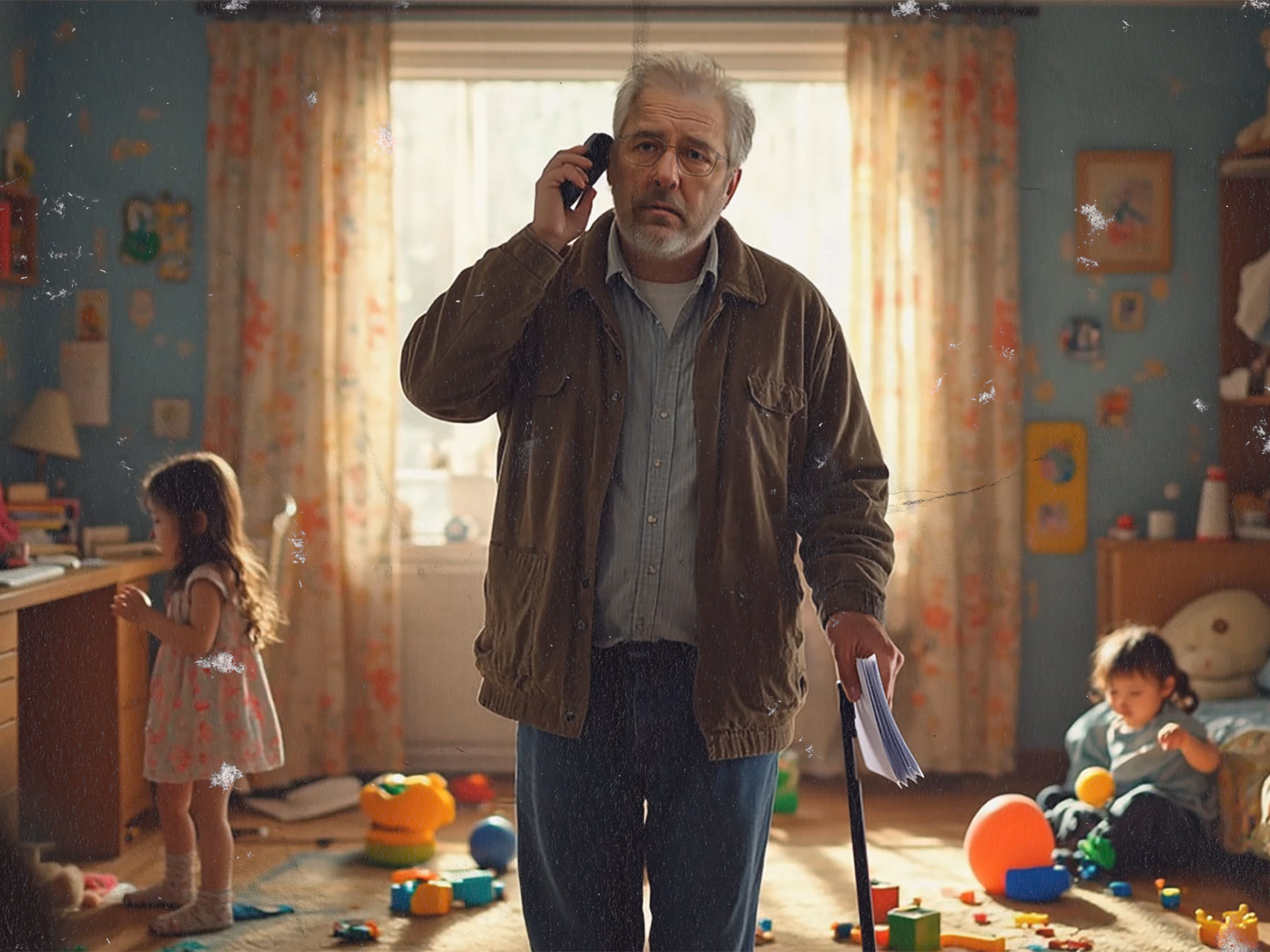 Older man with gray hair and glasses standing in a cluttered playroom, holding a cane and documents while speaking on the phone. Two young children play with toys in the background. The scene conveys caregiver stress, multigenerational family responsibilities, and the emotional burden of navigating healthcare and support services.