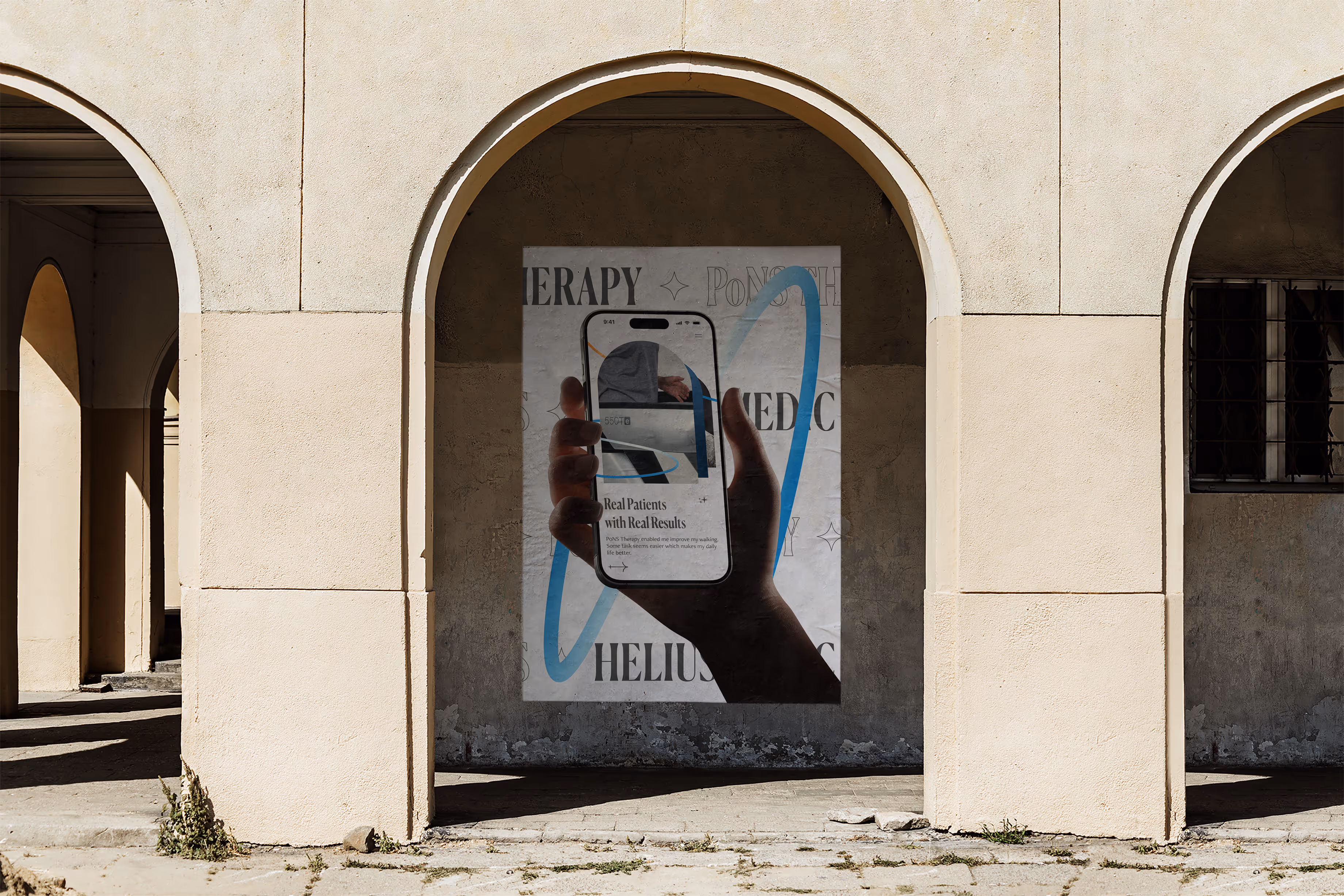 Helius Medical promotional poster featuring a hand holding a smartphone displaying the Helius website interface. The screen shows the message “Real Patients with Real Results” alongside an image of the PoNS™ neurostimulation device. Background includes keywords like therapy, medical technology, and Helius branding with an abstract blue graphic.