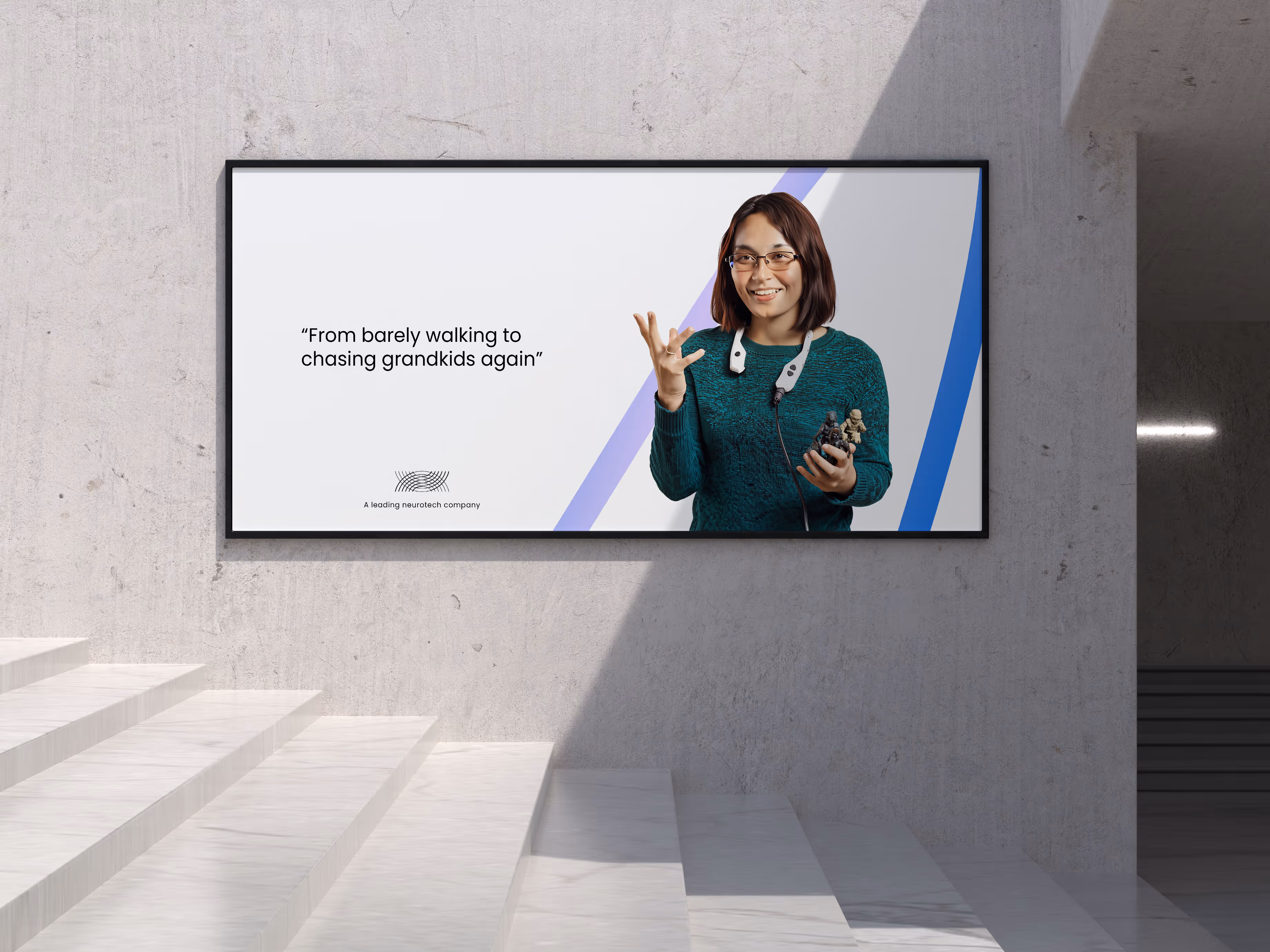 Helius Medical promotional poster featuring a hand holding a smartphone displaying the Helius website interface. The screen shows the message “Real Patients with Real Results” alongside an image of the PoNS™ neurostimulation device. Background includes keywords like therapy, medical technology, and Helius branding with an abstract blue graphic.