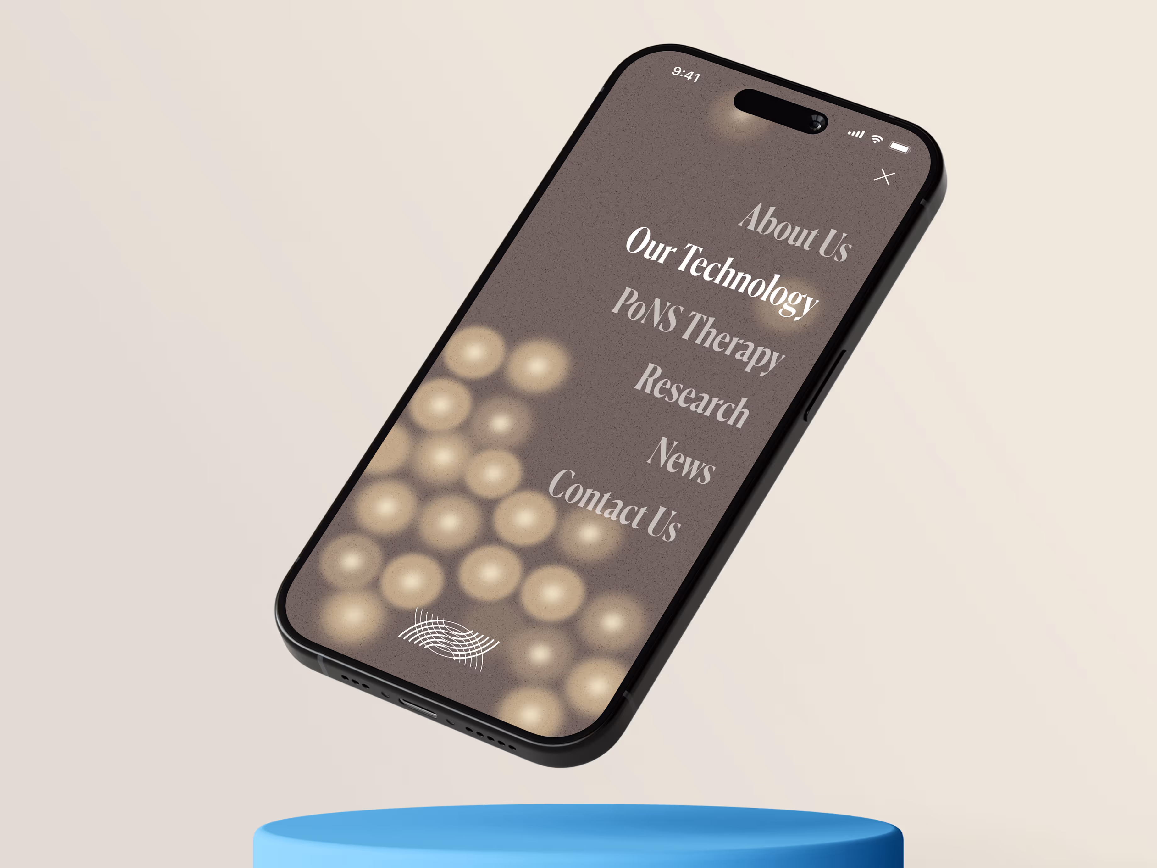 Helius Medical mobile website interface displaying a floating smartphone with the navigation menu open. Menu options include About Us, Our Technology, PoNS Therapy, Research, News, and Contact Us. The background features a soft gradient with glowing neural-inspired circular patterns, emphasizing digital health and neurotech branding.