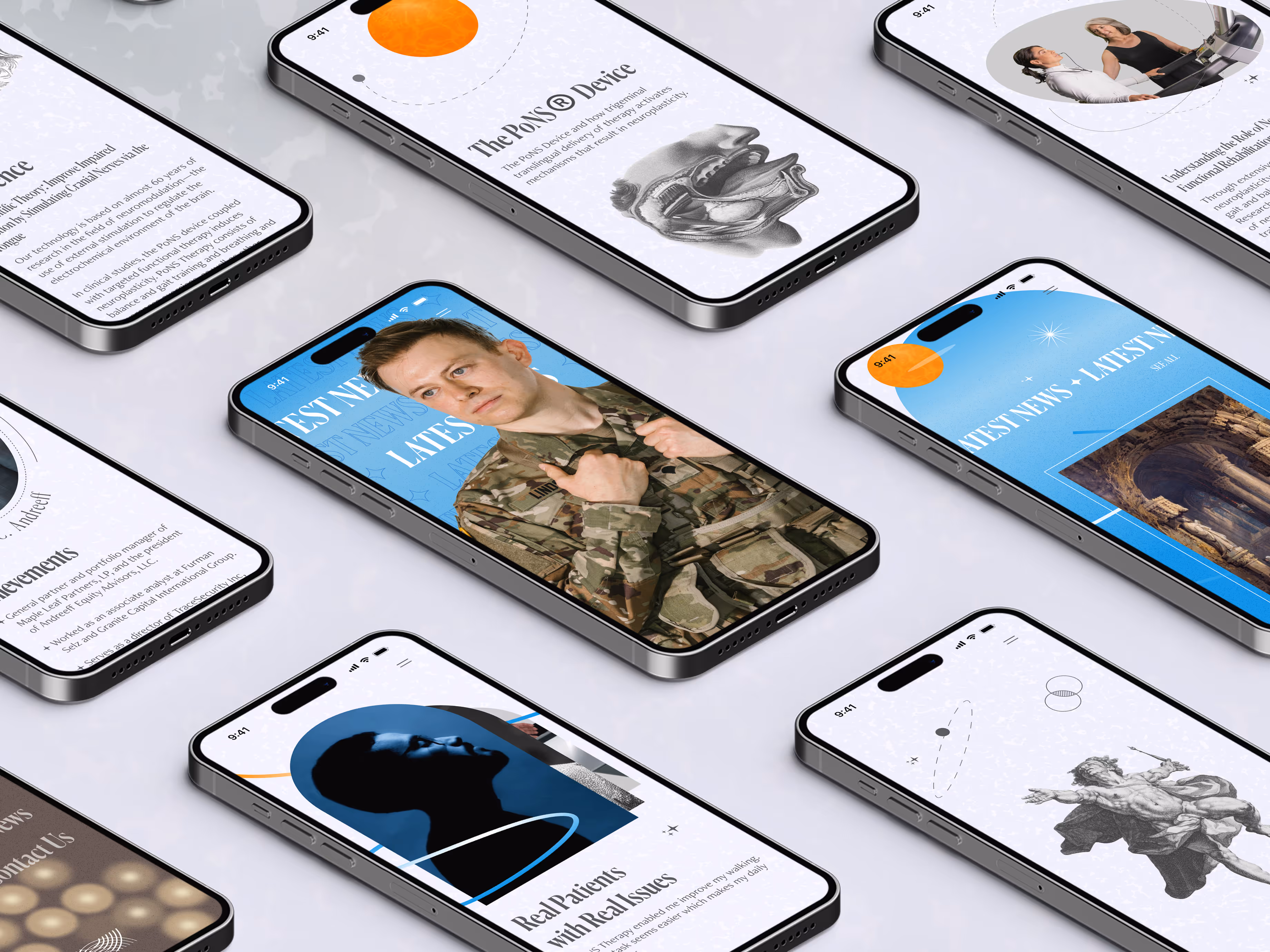Helius Medical mobile interface mockups displayed on multiple smartphones, showcasing various screens from the Helius website. Visible content includes PoNS™ Device details, real patient recovery stories, neurotherapy research, military veteran testimonials, and historical imagery. The design blends modern UI elements with medical illustrations, storytelling, and brand visuals for a digital health and neurotech experience.