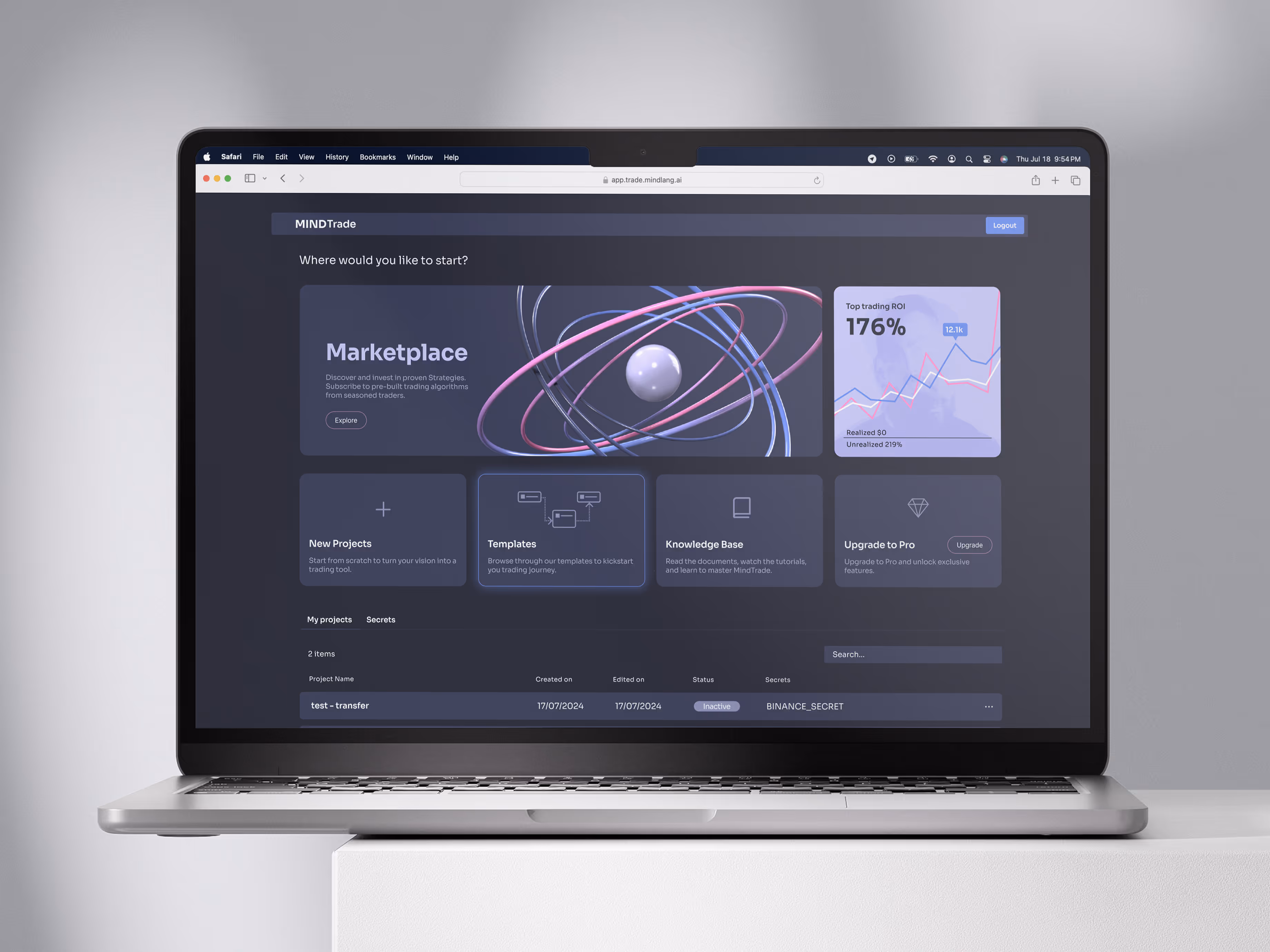 MindTrade web platform MVP dashboard displayed on a MacBook, featuring a dark UI with interactive modules for Marketplace, New Projects, Templates, Knowledge Base, and Pro Upgrade. A top trading ROI of 176% is shown with performance charts. The interface highlights algorithmic trading, crypto strategy templates, and user-generated project management.