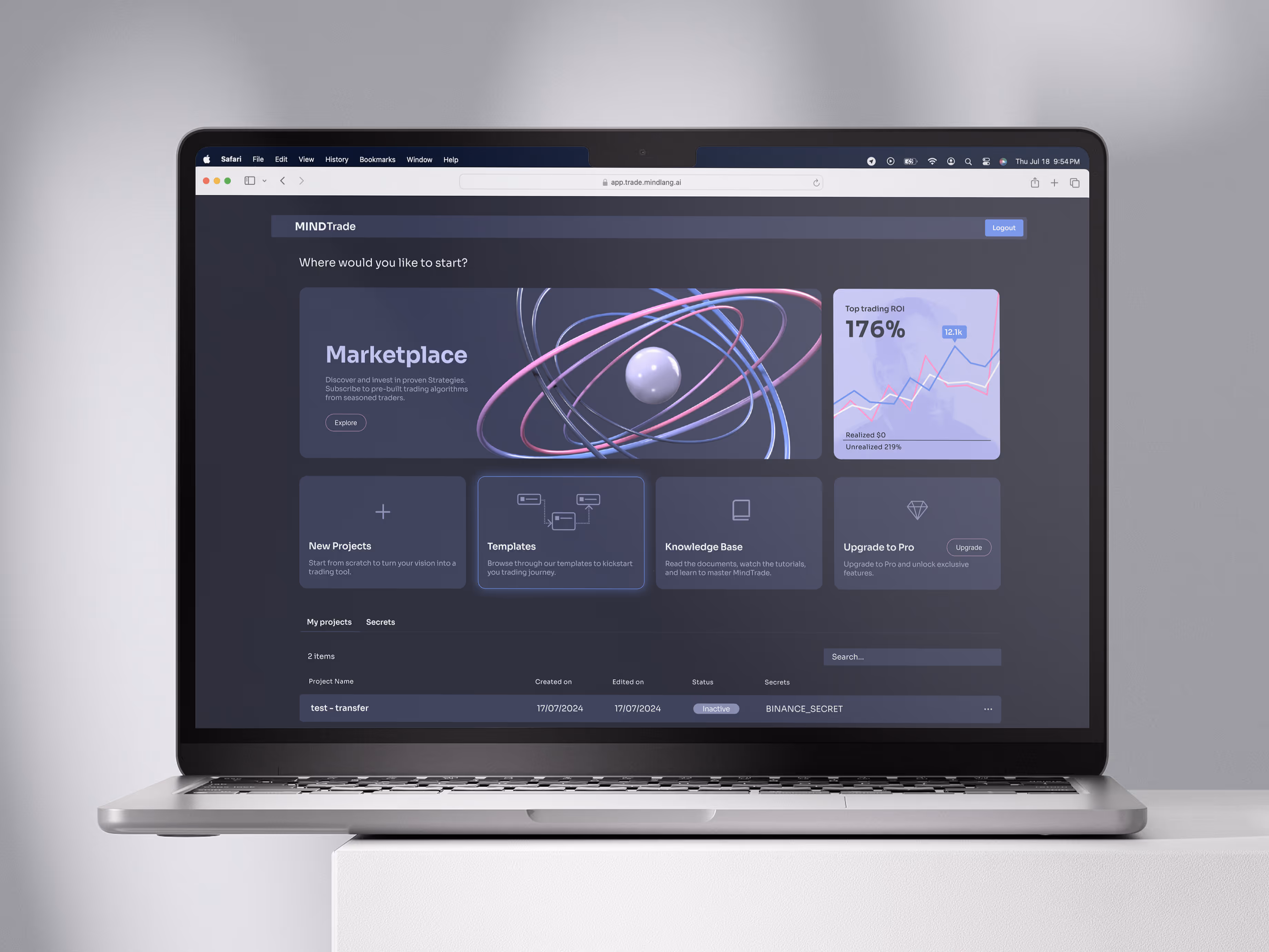 MindTrade web platform MVP dashboard displayed on a MacBook, featuring a dark UI with interactive modules for Marketplace, New Projects, Templates, Knowledge Base, and Pro Upgrade. A top trading ROI of 176% is shown with performance charts. The interface highlights algorithmic trading, crypto strategy templates, and user-generated project management.