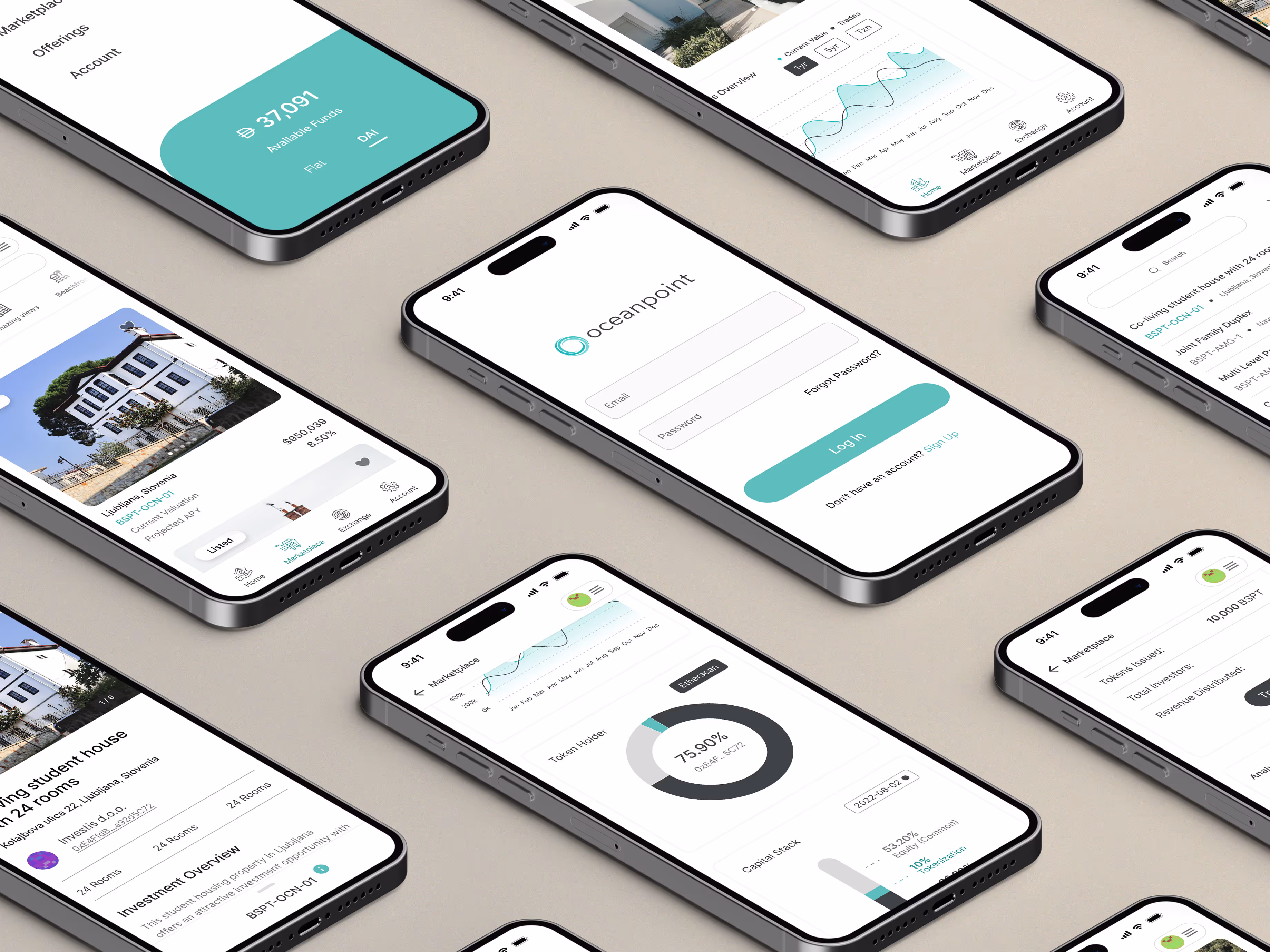 Collection of mobile UI screens from the Oceanpoint by Blocksquare app, showcasing a tokenized real estate investment platform. Features include property detail views, asset performance charts, wallet balance, capital stack breakdown, token holder data, and DeFi trading tools. Designed for investors managing blockchain-based real estate portfolios and fractional property ownership through a Web3 interface.