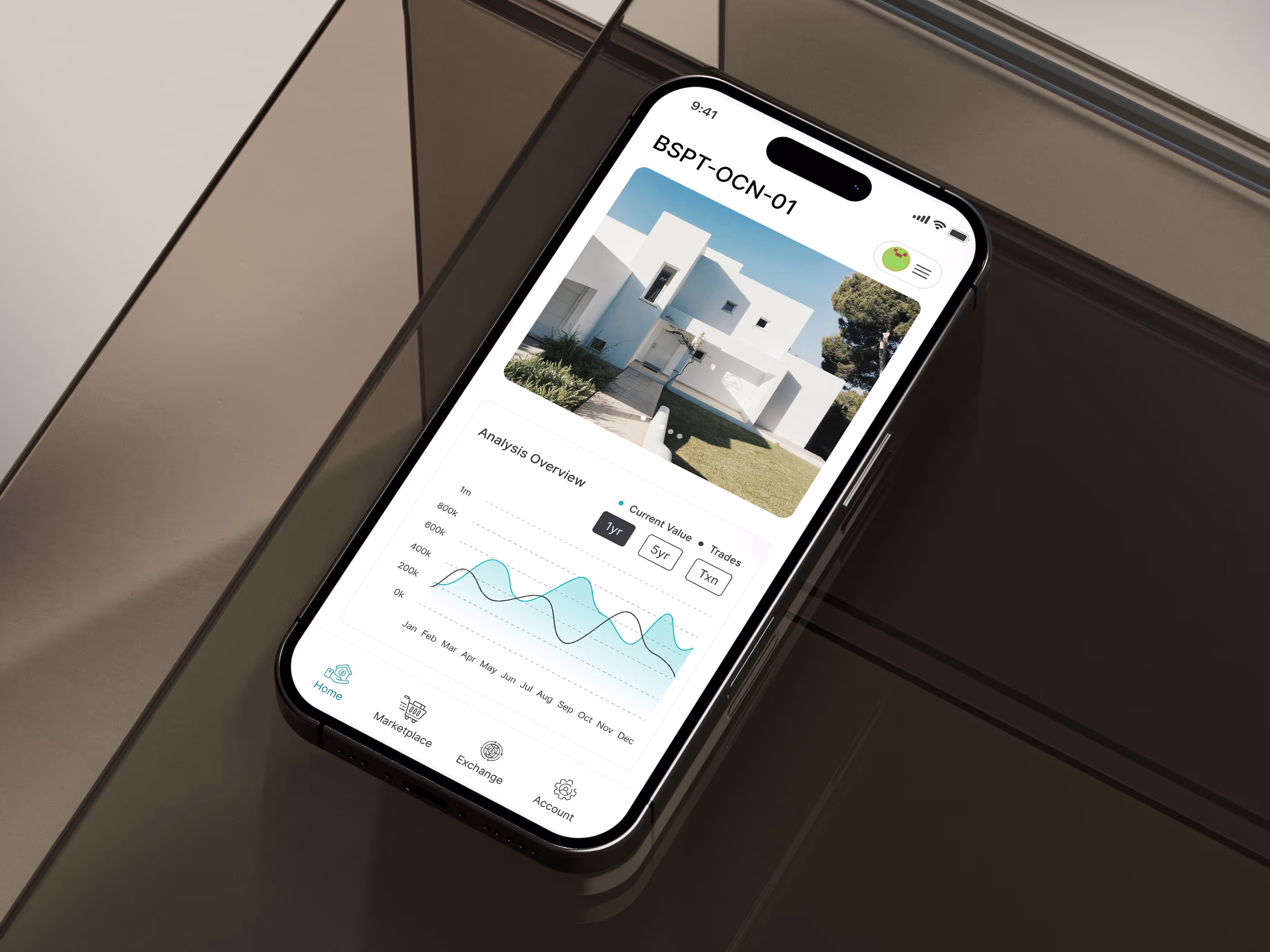 Smartphone displaying the Blocksquare mobile app interface with a real estate tokenization dashboard. The screen shows a modern white property labeled BSPT-OCN-01, alongside an analysis overview with value trends and trading activity over time. Navigation icons include Home, Marketplace, Exchange, and Account, emphasizing decentralized real estate investment and blockchain-based property analytics.