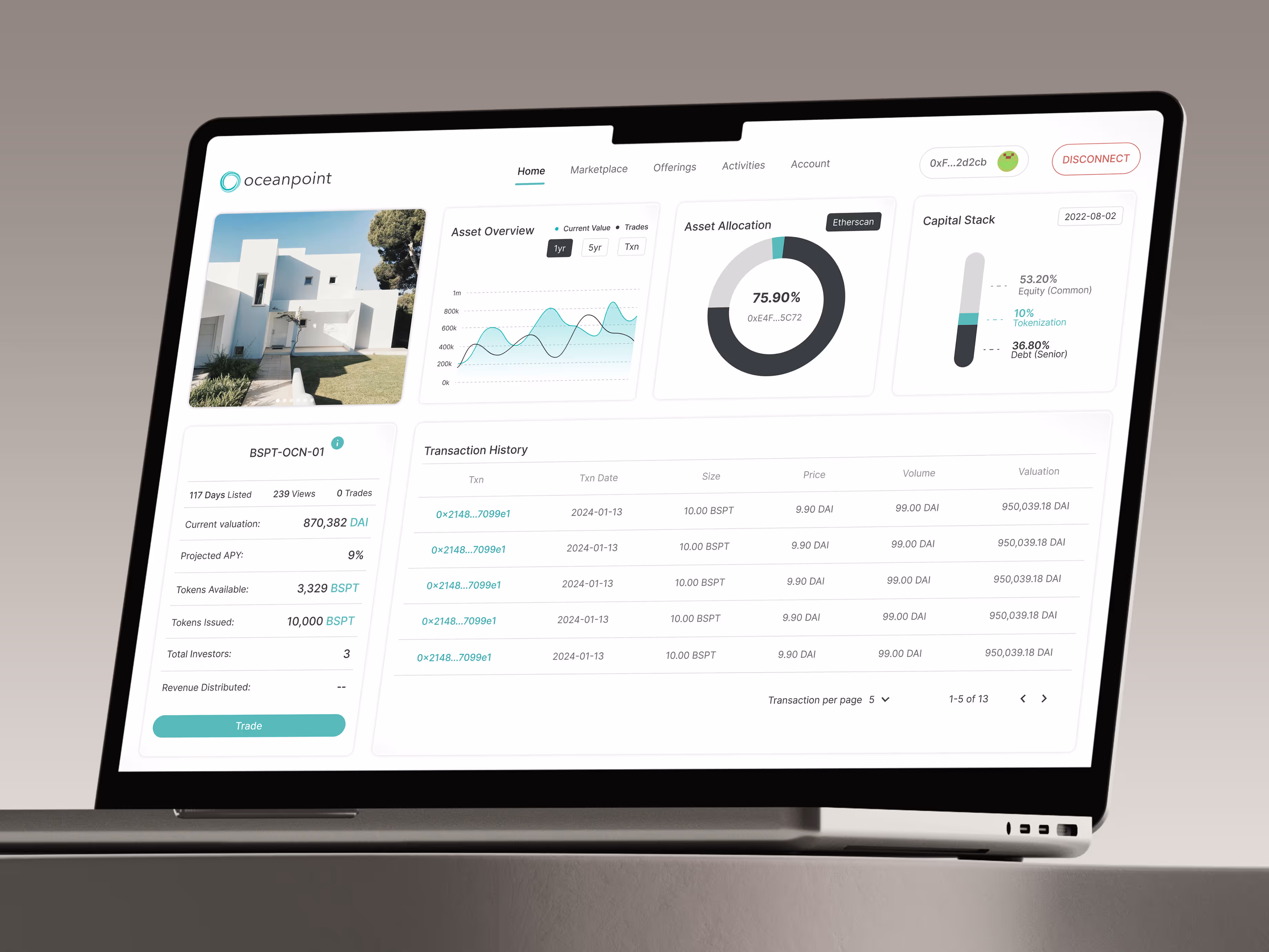 Laptop displaying the Oceanpoint by Blocksquare desktop dashboard for tokenized real estate investment. The screen features detailed property data for BSPT-OCN-01, including asset valuation, projected APY, token supply, asset allocation chart, capital stack breakdown, and blockchain transaction history. Designed for decentralized finance (DeFi) users managing fractional property ownership through blockchain-based real estate tokens.