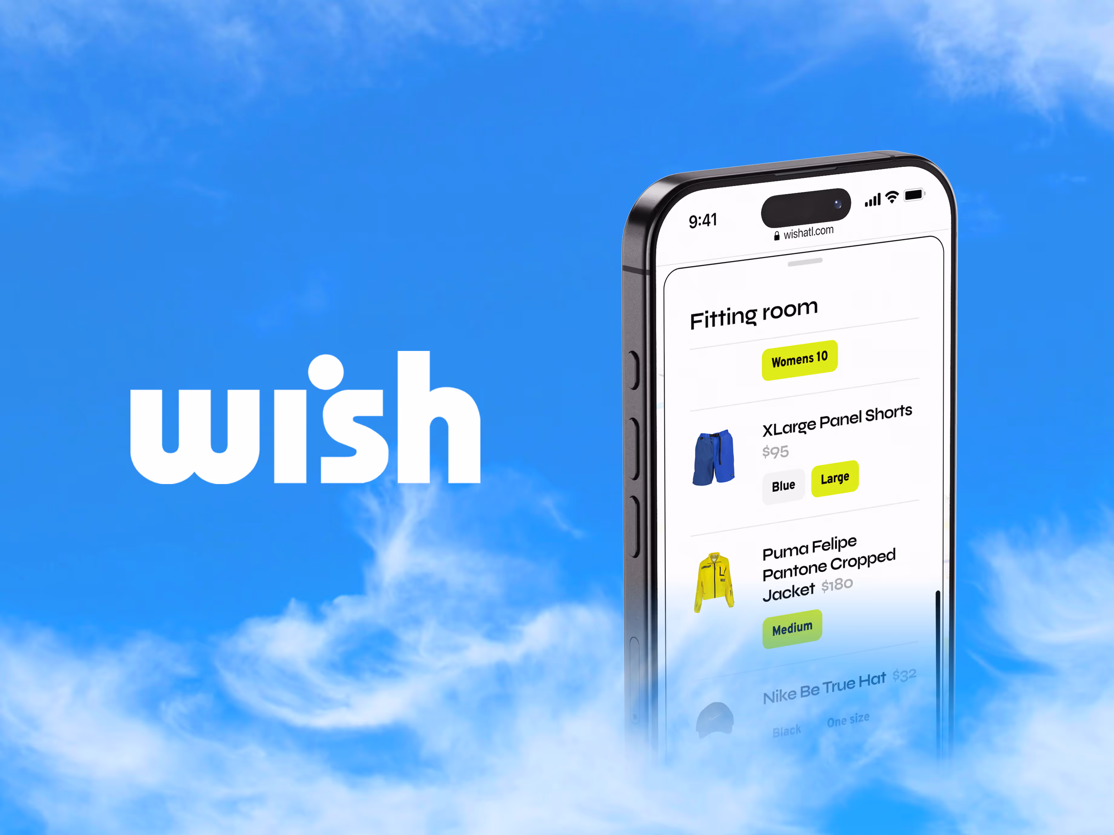 Mobile UI mockups of the Wish ATL shopping app, showcasing a sleek interface for browsing streetwear and sneakers. Screens display product filters by color and category, a profile dashboard, shopping cart with itemized totals, and listings for Puma Pantone collections. Designed for intuitive navigation, the layout supports a modern e-commerce experience focused on urban fashion and mobile shopping.
