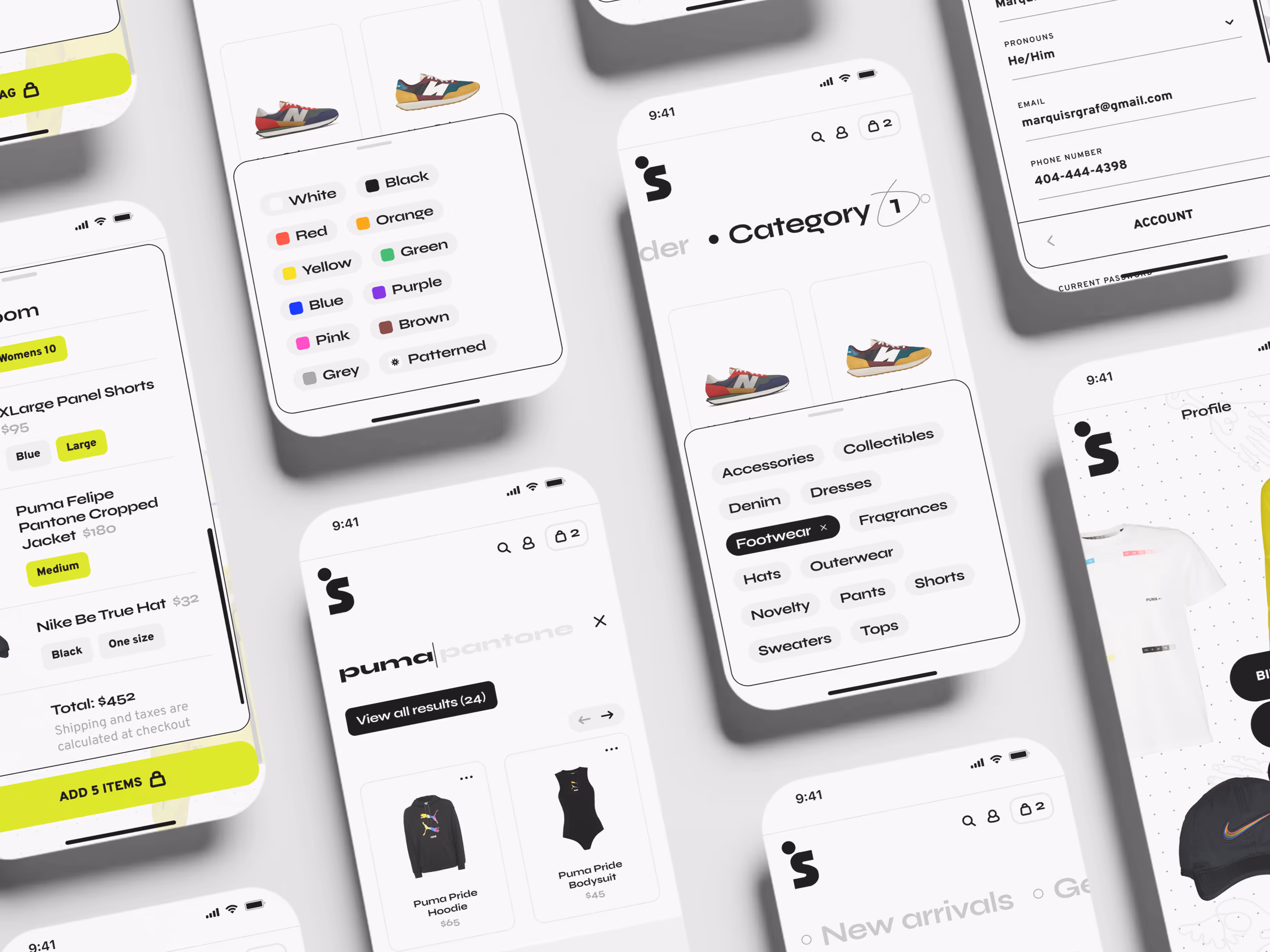 Mobile UI mockups of the Wish ATL shopping app, showcasing a sleek interface for browsing streetwear and sneakers. Screens display product filters by color and category, a profile dashboard, shopping cart with itemized totals, and listings for Puma Pantone collections. Designed for intuitive navigation, the layout supports a modern e-commerce experience focused on urban fashion and mobile shopping.